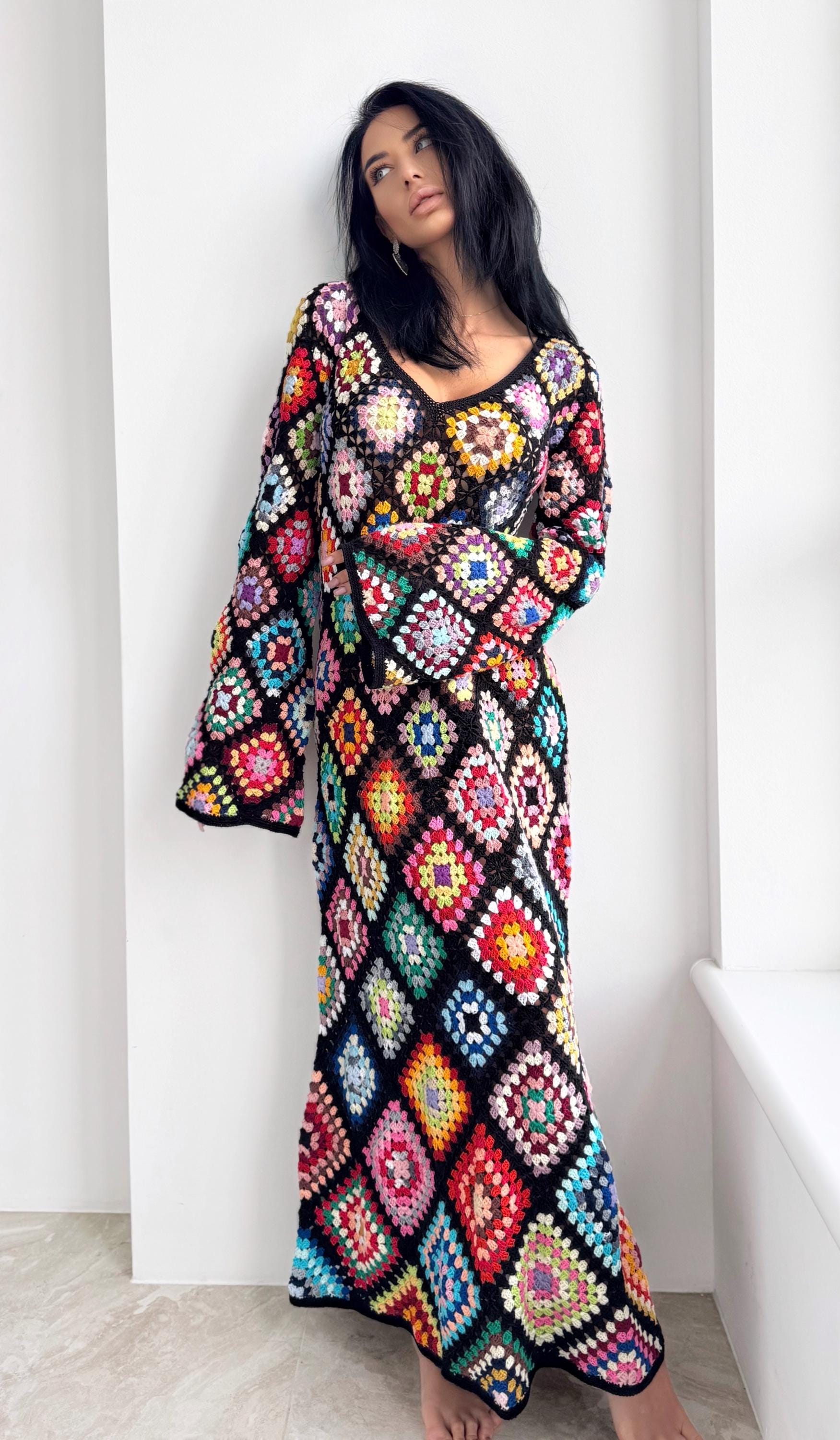 crochet colourful dress black Maxi granny square Crochet afghan dress Boho croch – AlyaFranka Color:AS PICTURED 5XL Large sizing with Ed Hardy Black Dress top-brands-21835