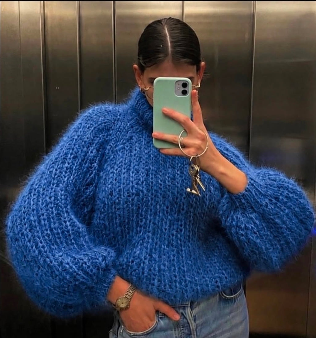 Mohair blue sweater turtleneck Hand knit fluffy cropped pullover high collar