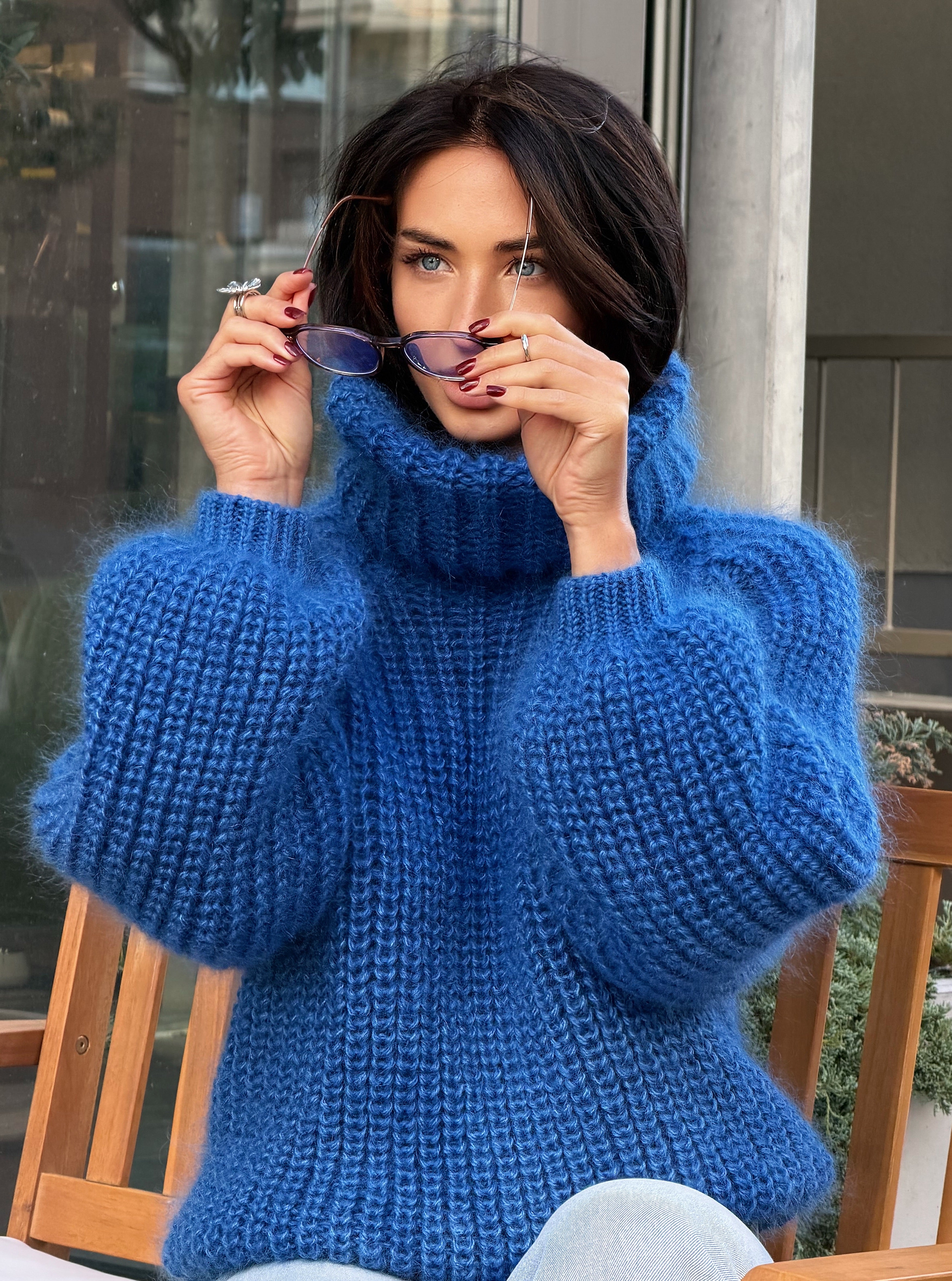 Mohair blue sweater turtleneck Hand knit fluffy cropped pullover high collar