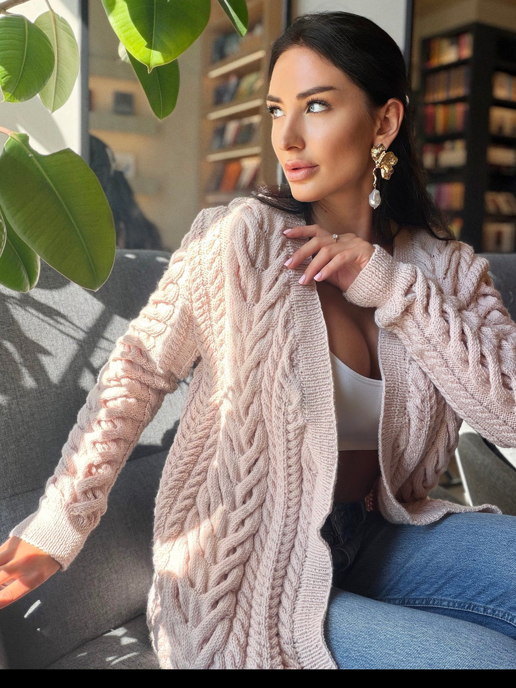 Aran wool pastel brown handknit сardigan women Chunky knit beige cardigan Knitted jacket Cable knit cardigan Chunky knit sweater