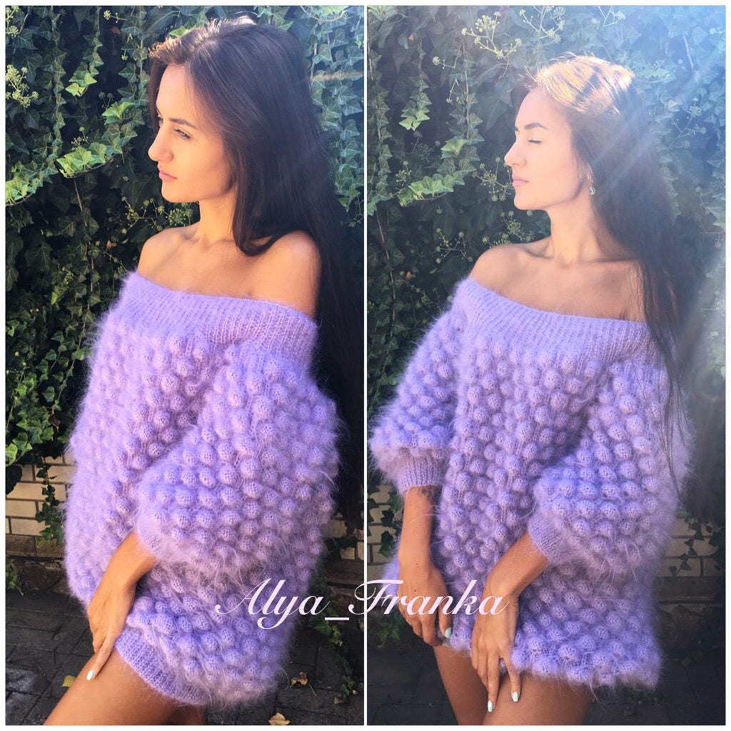 Oversized Knitted Mohair Sweater Dress Women Dress Bubbles Purple Lilac Bohemian Dress Sweater Dress Off Shoulder Half Sleeve Pom Poms