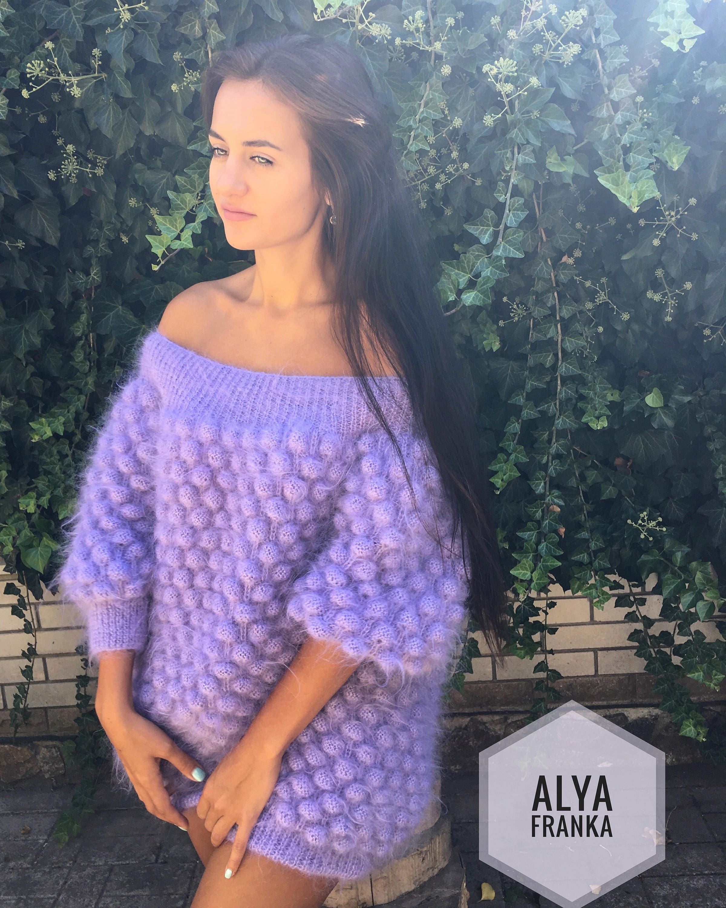 Oversized Knitted Mohair Sweater Dress Women Dress Bubbles Purple Lilac Bohemian Dress Sweater Dress Off Shoulder Half Sleeve Pom Poms