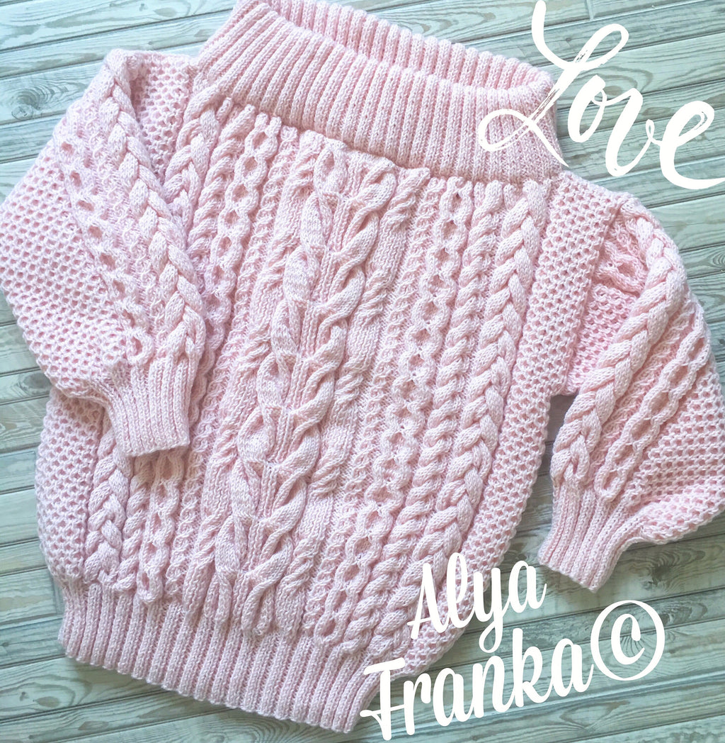 Pastel pink knit wool mixture sweater hand knitted sweater Handmade oversize Cable knit Jumper Chunky knit cotton Off Shoulder Sweater