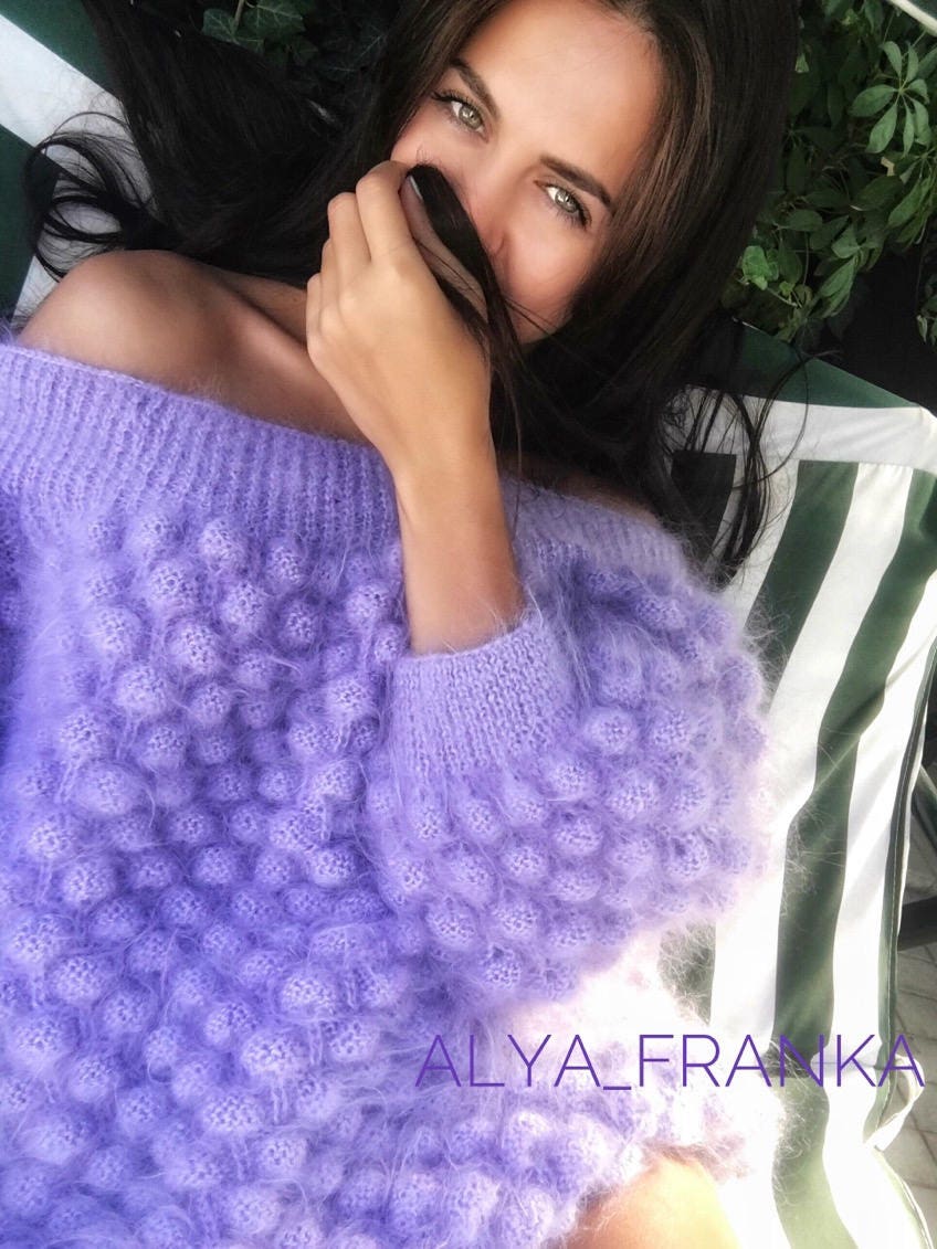 Oversized Knitted Mohair Sweater Dress Women Dress Bubbles Purple Lilac Bohemian Dress Sweater Dress Off Shoulder Half Sleeve Pom Poms