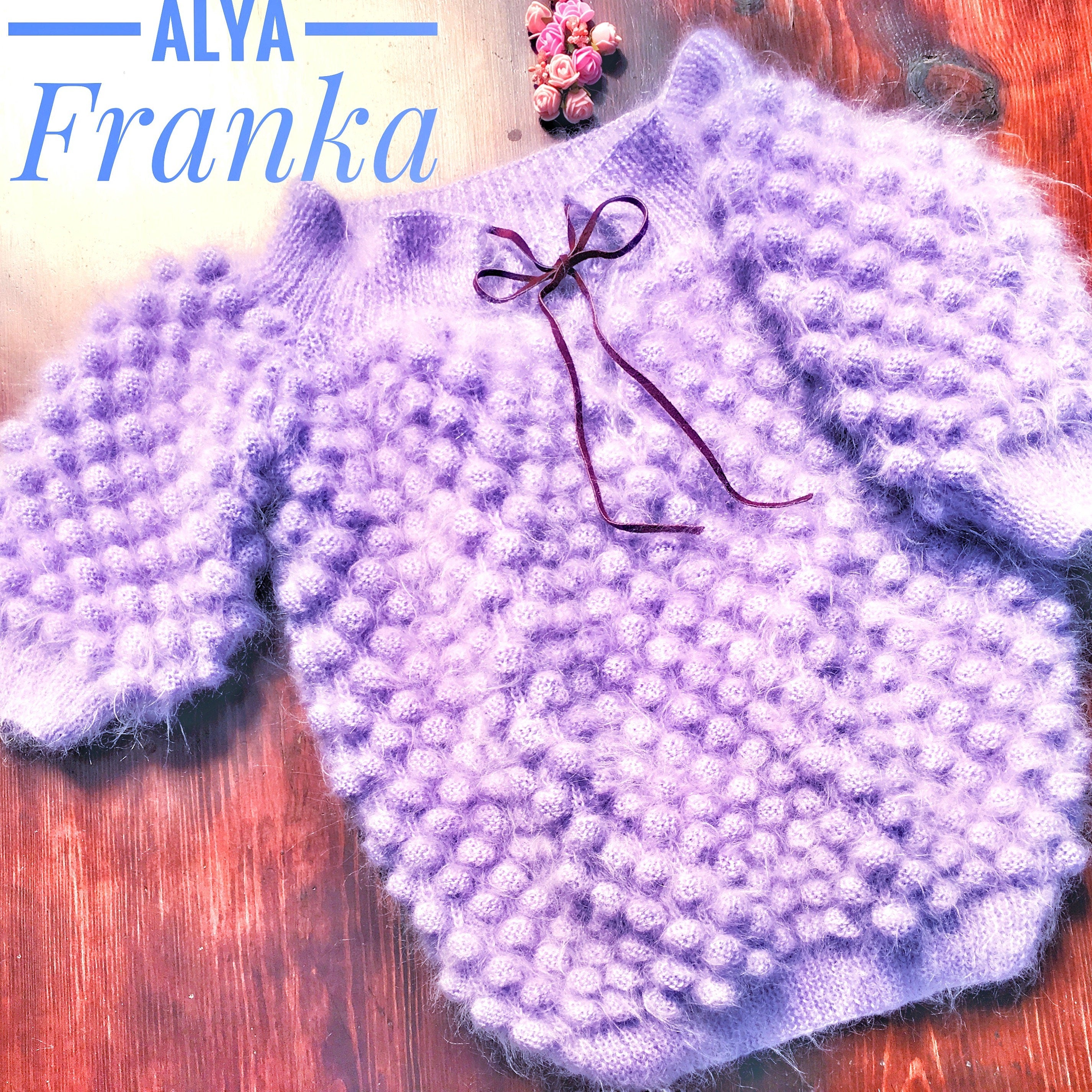 Oversized Knitted Mohair Sweater Dress Women Dress Bubbles Purple Lilac Bohemian Dress Sweater Dress Off Shoulder Half Sleeve Pom Poms