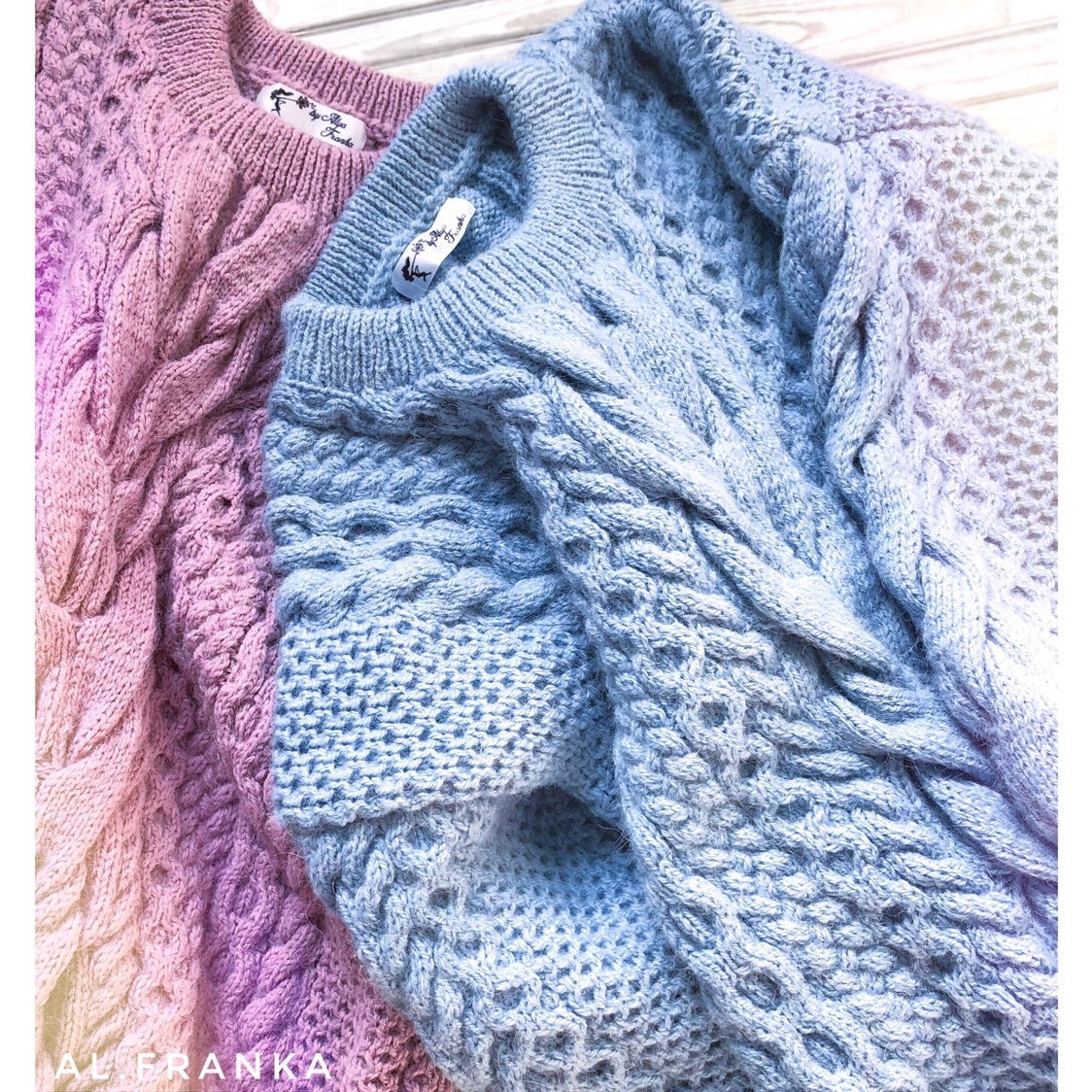Chunky hand knit light blue / pink alpaca wool sweater womens Warm merino wool fall pullover Cable knit sweater Loose knitted wool sweater