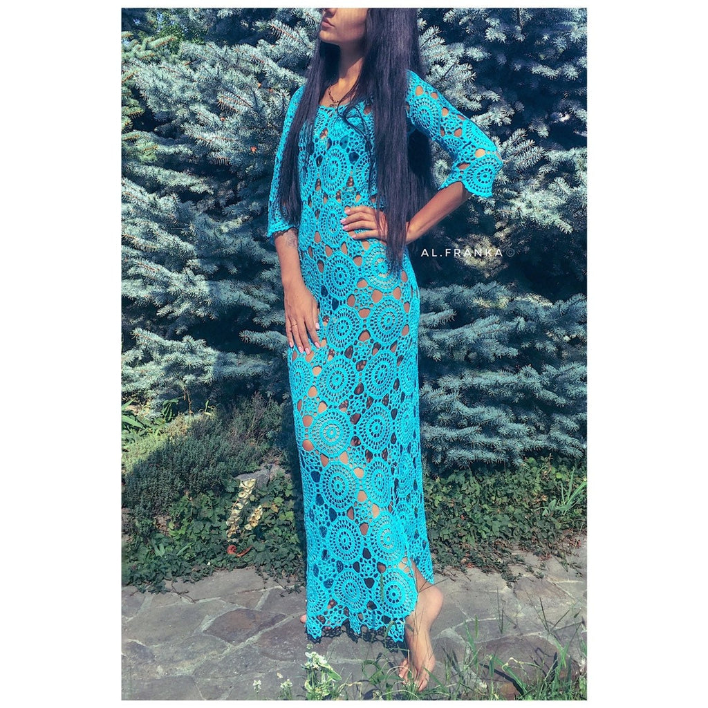 Long crocheted dress cover ups/Turquoise beach dress/Knit Backless Bikini Cover Ups Beachwear/wedding beach dress/ dress for beach wedding