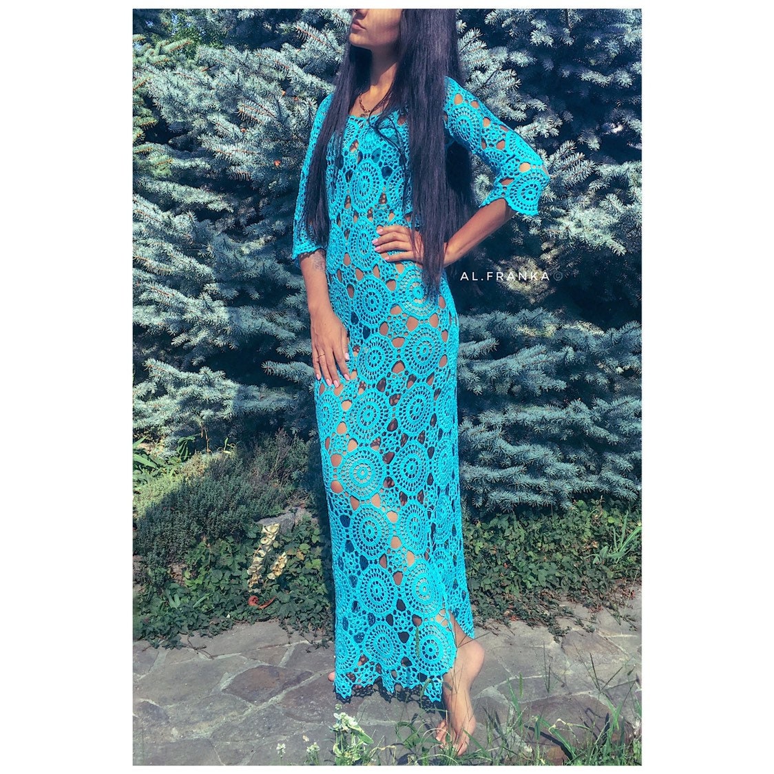Long crocheted dress cover ups/Turquoise beach dress/Knit Backless Bikini Cover Ups Beachwear/wedding beach dress/ dress for beach wedding