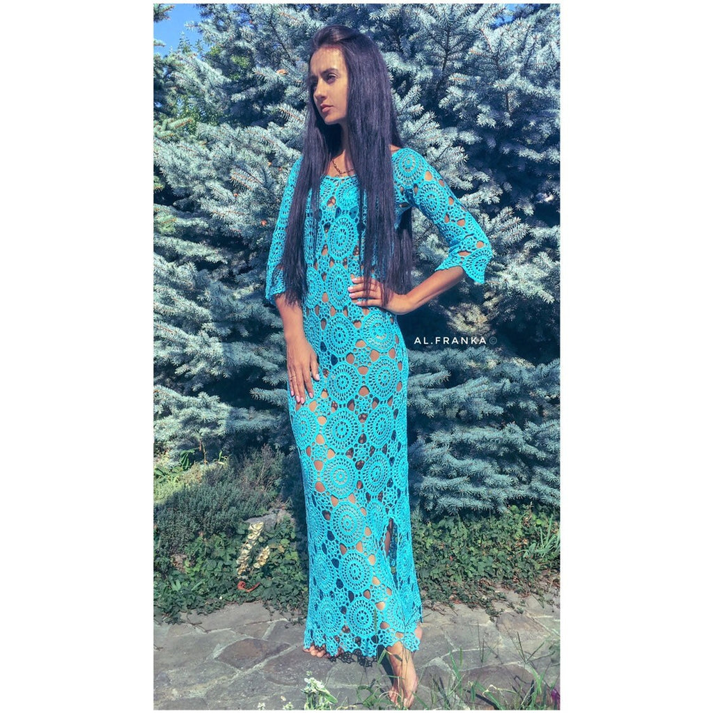 Long crocheted dress cover ups/Turquoise beach dress/Knit Backless Bikini Cover Ups Beachwear/wedding beach dress/ dress for beach wedding