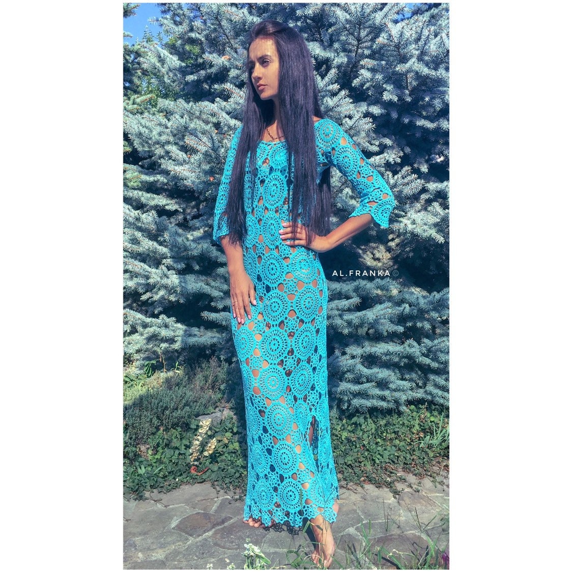 Long crocheted dress cover ups/Turquoise beach dress/Knit Backless Bikini Cover Ups Beachwear/wedding beach dress/ dress for beach wedding