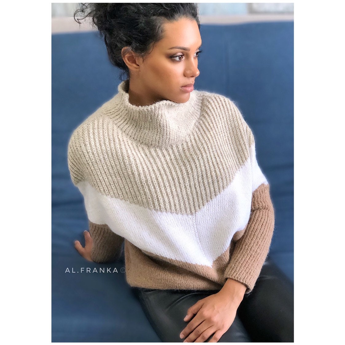 Cable knit alpaca/merino wool knit oversize sweater Hand knitted jumper Grey brown Camel Cream striped sweater Throat stand Full sleeve