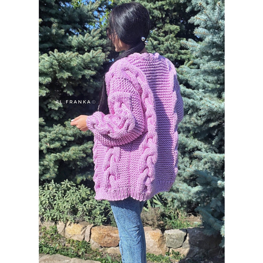 Cable hand knit lilac wool cardigan for women Knit coat women Chunky Pink cropped cardigan Cable knitted sweater