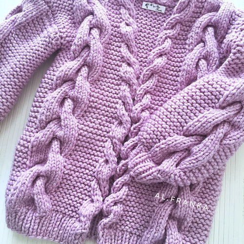 Cable hand knit lilac wool cardigan for women Knit coat women Chunky Pink cropped cardigan Cable knitted sweater