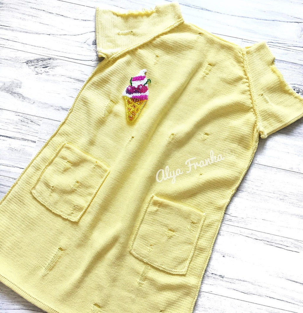 Knit organic cotton mini yellow dress short sleeve Vintage style dress Summer lemon milk dress Beach dress Distressed Sweater dress