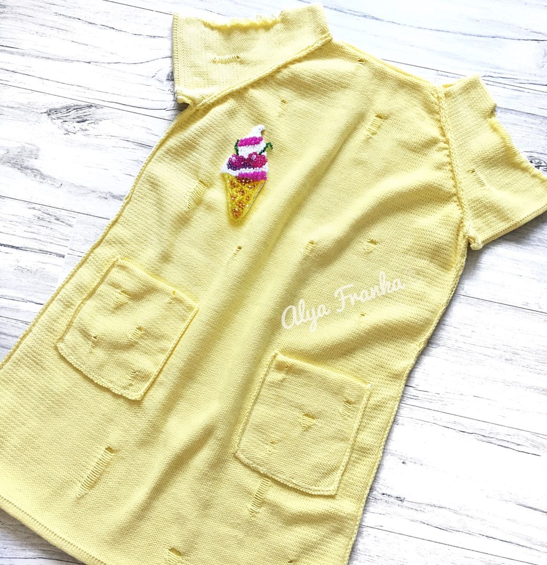 Knit organic cotton mini yellow dress short sleeve Vintage style dress Summer lemon milk dress Beach dress Distressed Sweater dress