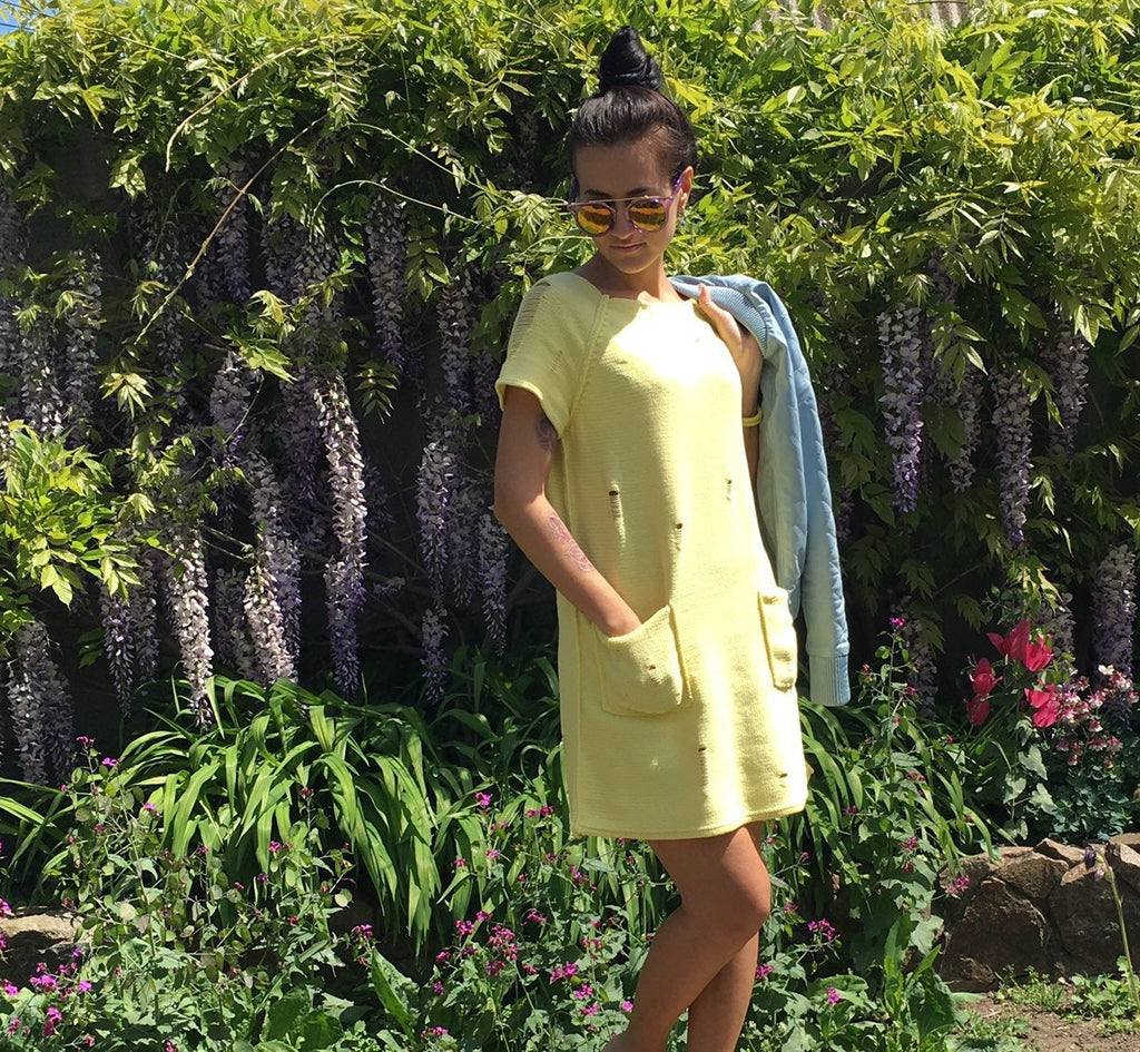 Knit organic cotton mini yellow dress short sleeve Vintage style dress Summer lemon milk dress Beach dress Distressed Sweater dress