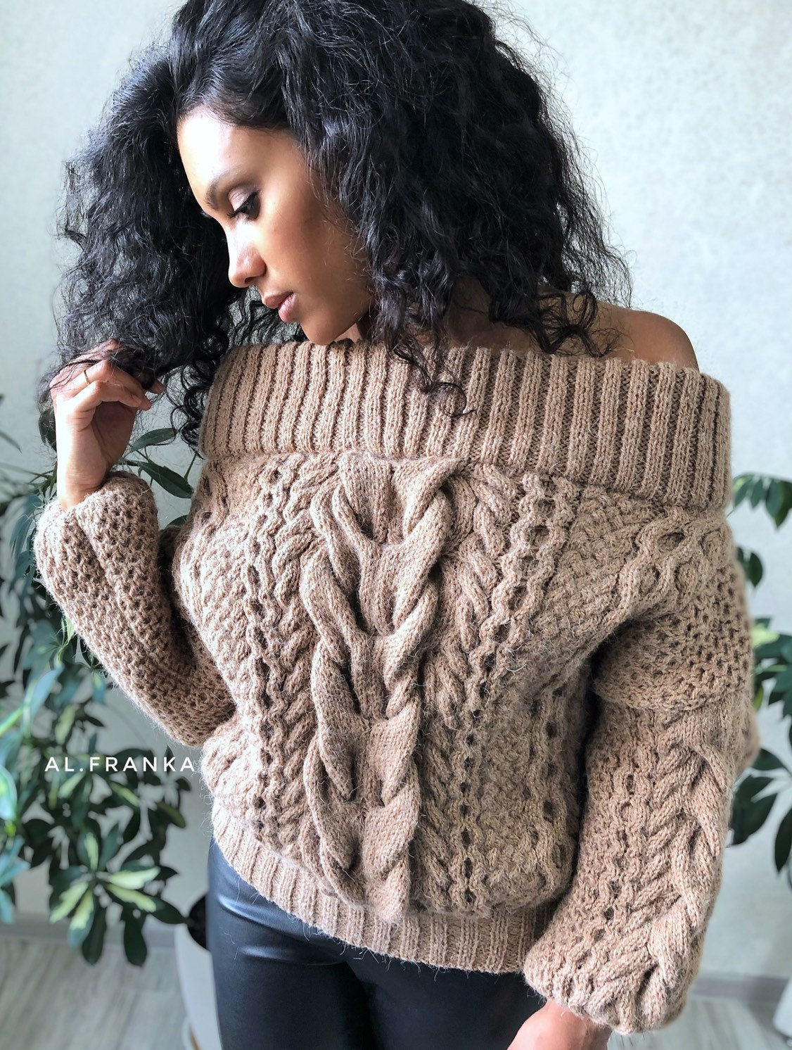 Brown pastel hand knit alpaca merino sweater Open should Cable knit sweater Chunky Oversized sweater Braid sweater chunky knit/gift for her