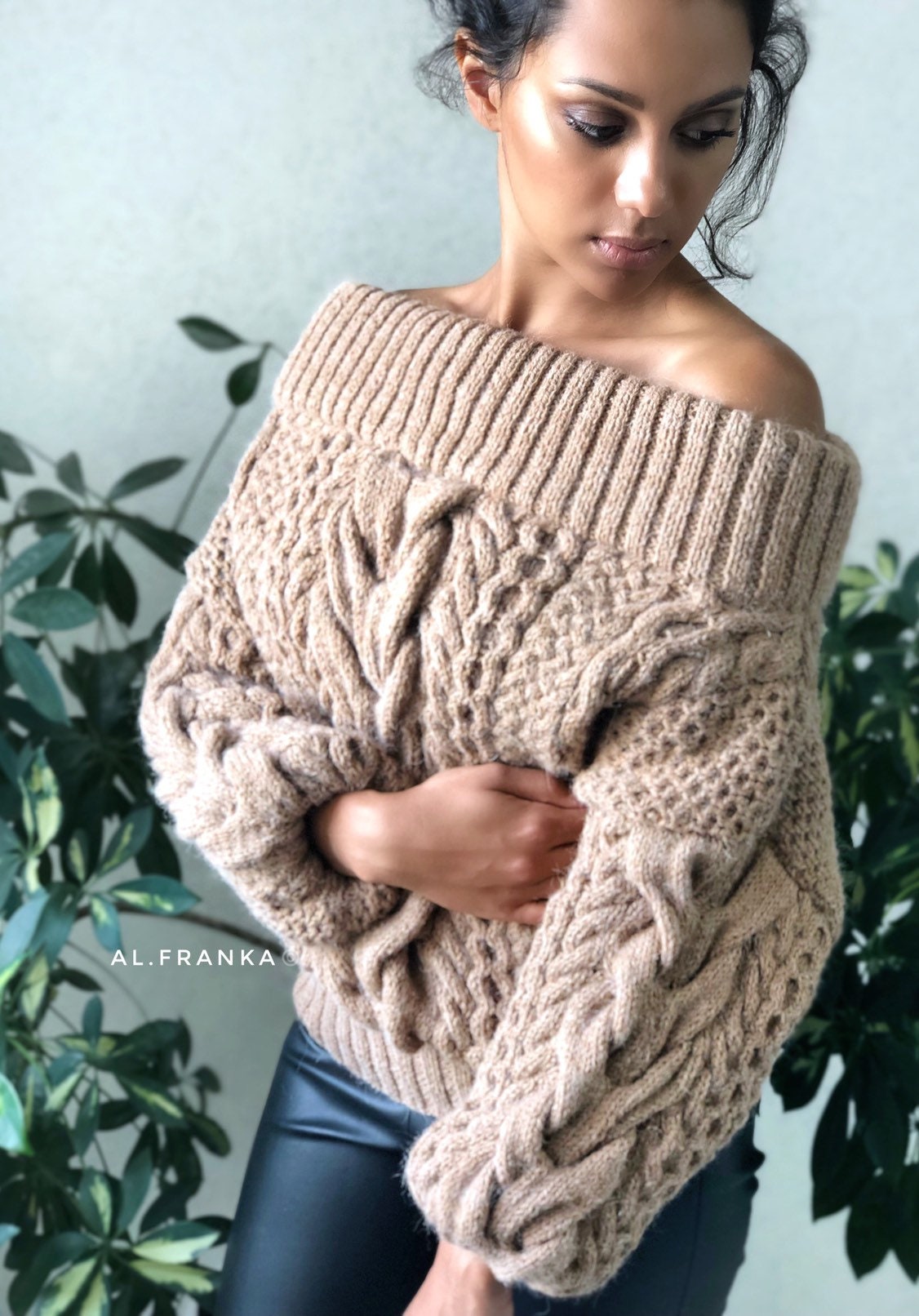 Brown pastel hand knit alpaca merino sweater Open should Cable knit sweater Chunky Oversized sweater Braid sweater chunky knit/gift for her