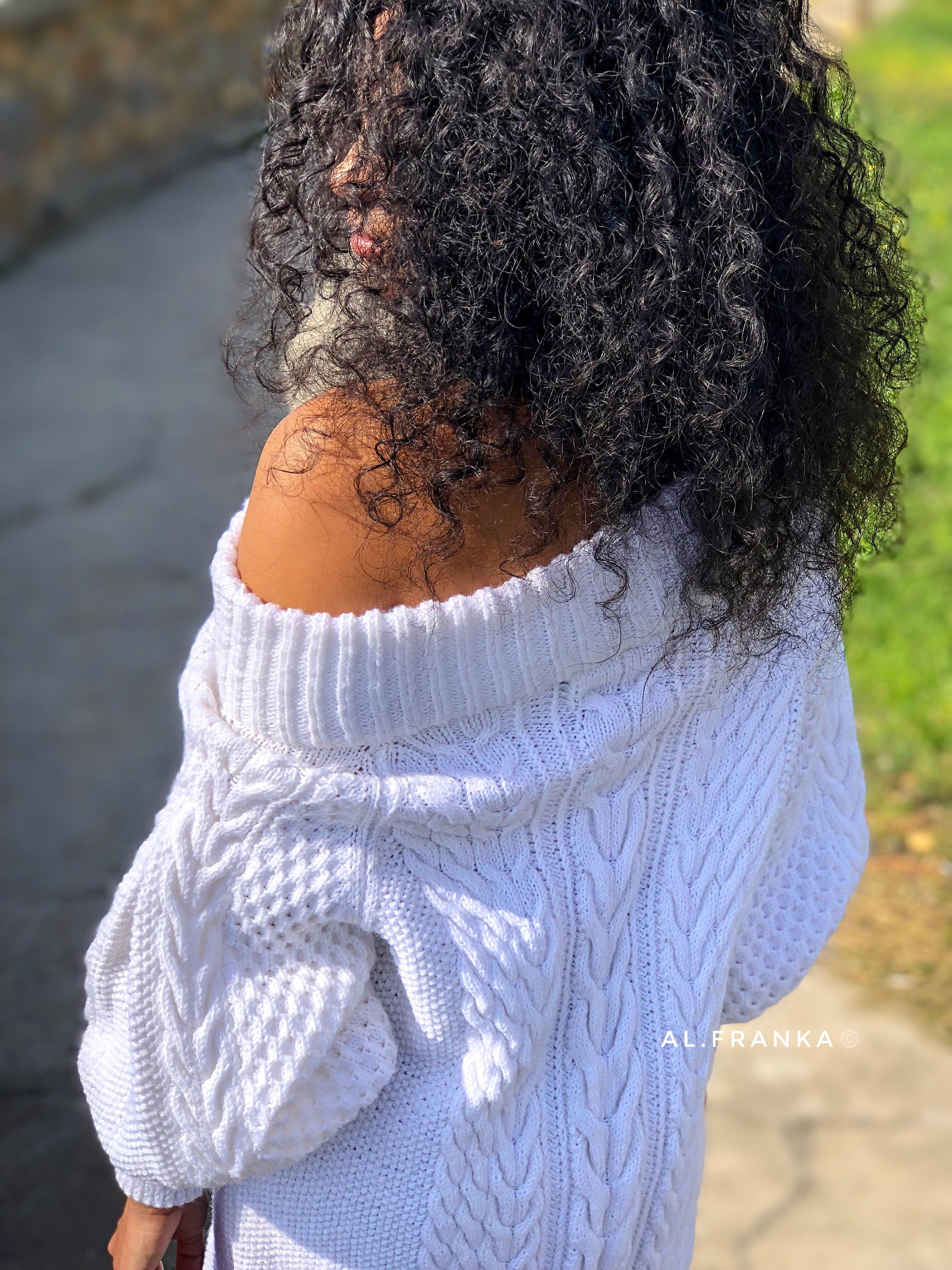 White off shoulder hand knit sweater dress/bohemian sweater dress/off shoulder white dress/white knit tunic/braid chunky sweater