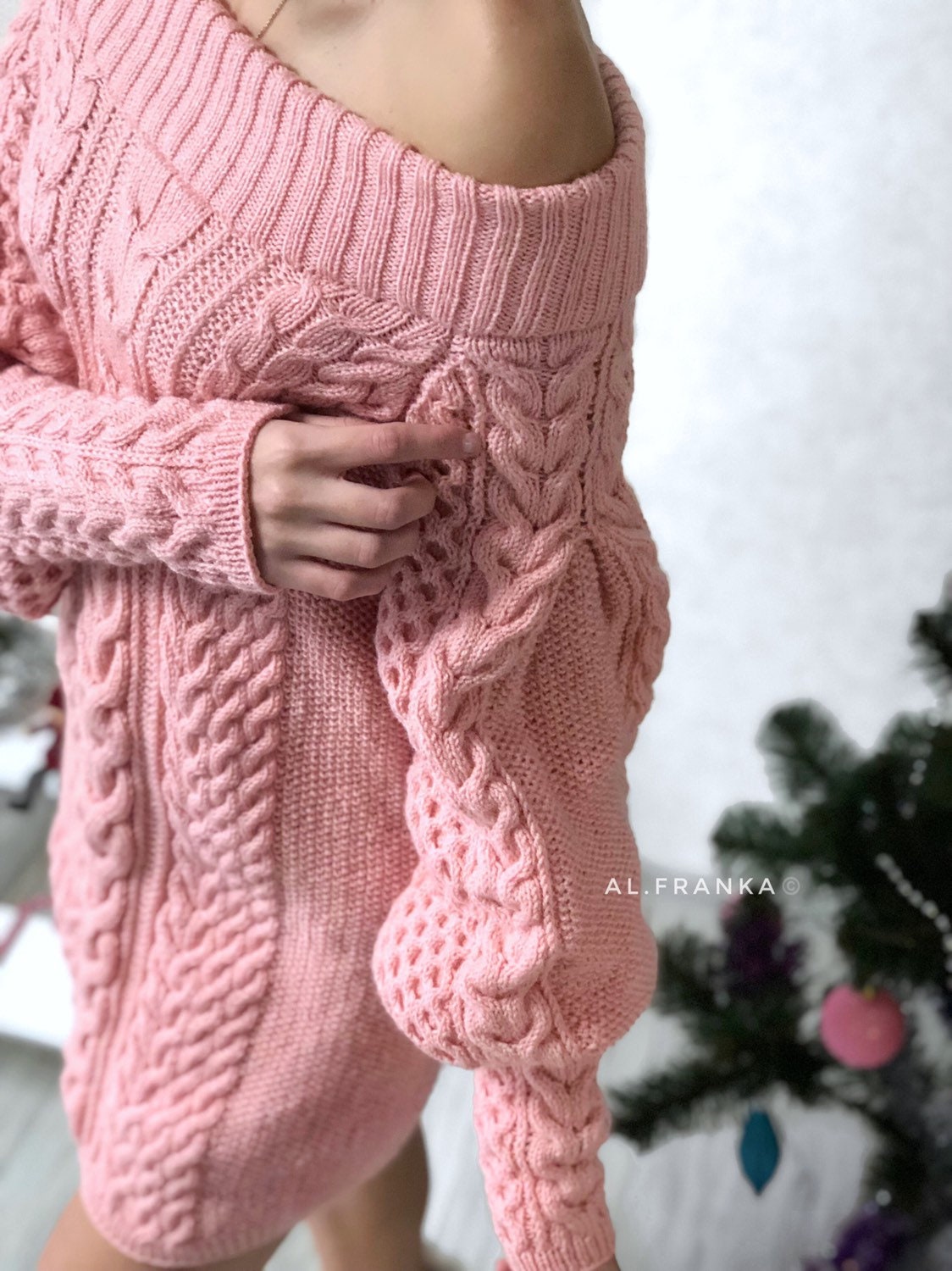 Aran long sweater dress with open shoulders Pink knitted one shoulder dress Cable knit sweater/wide sleeves/off shoulder sweater for women