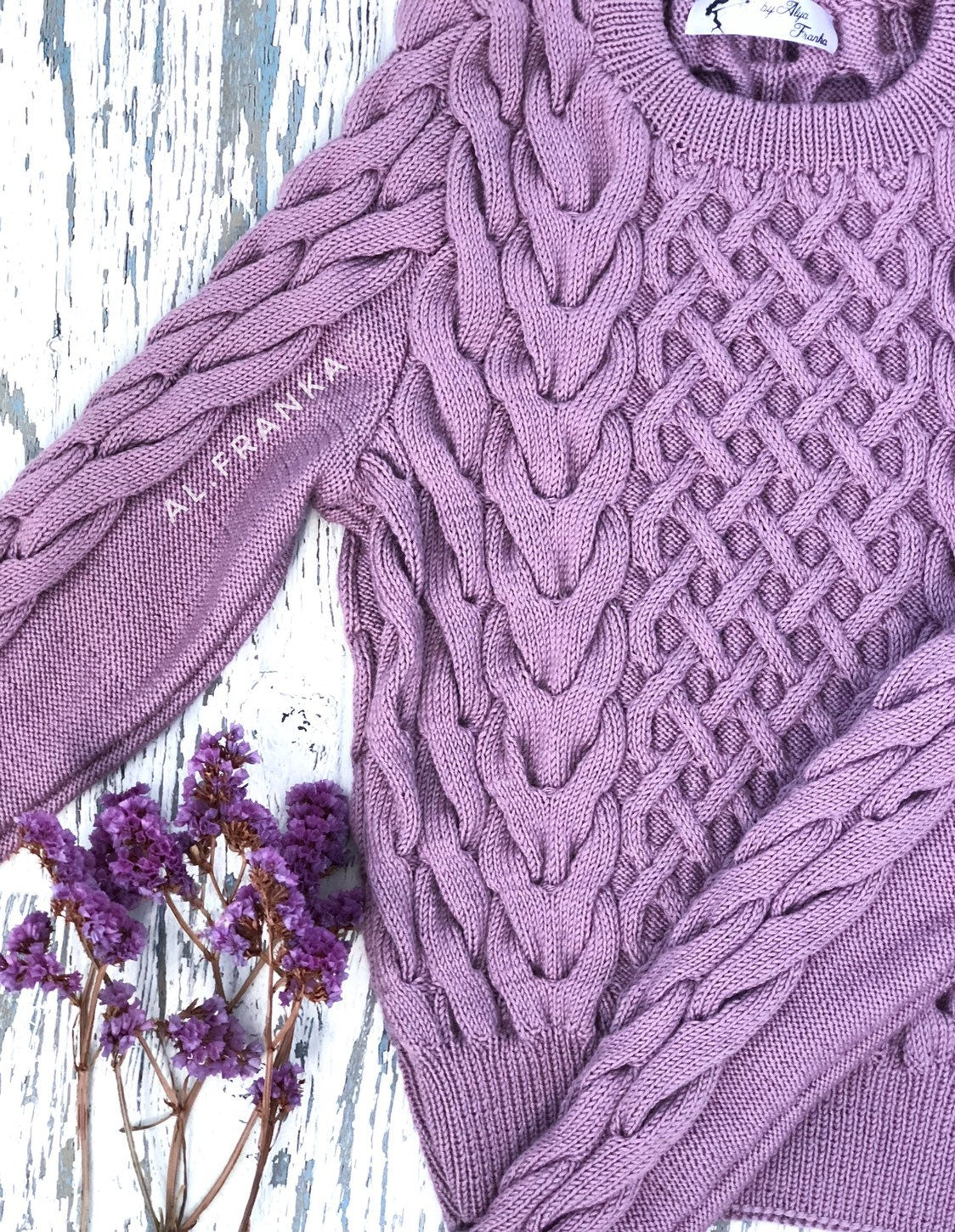 Lilac softy hand knitted crop organic cotton sweater Purple pullover women Cable Knit Sweater Sweater for sensitive skin Gift for Her