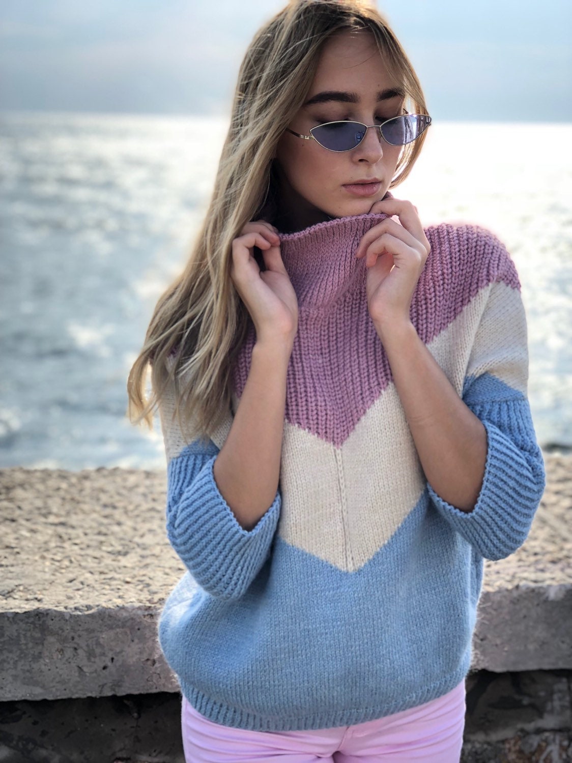 Knit alpaca wool fall sweater high neck turtleneck Light pink blue white Cropped sleeve Oversized jumper Large sweater vintage high collar