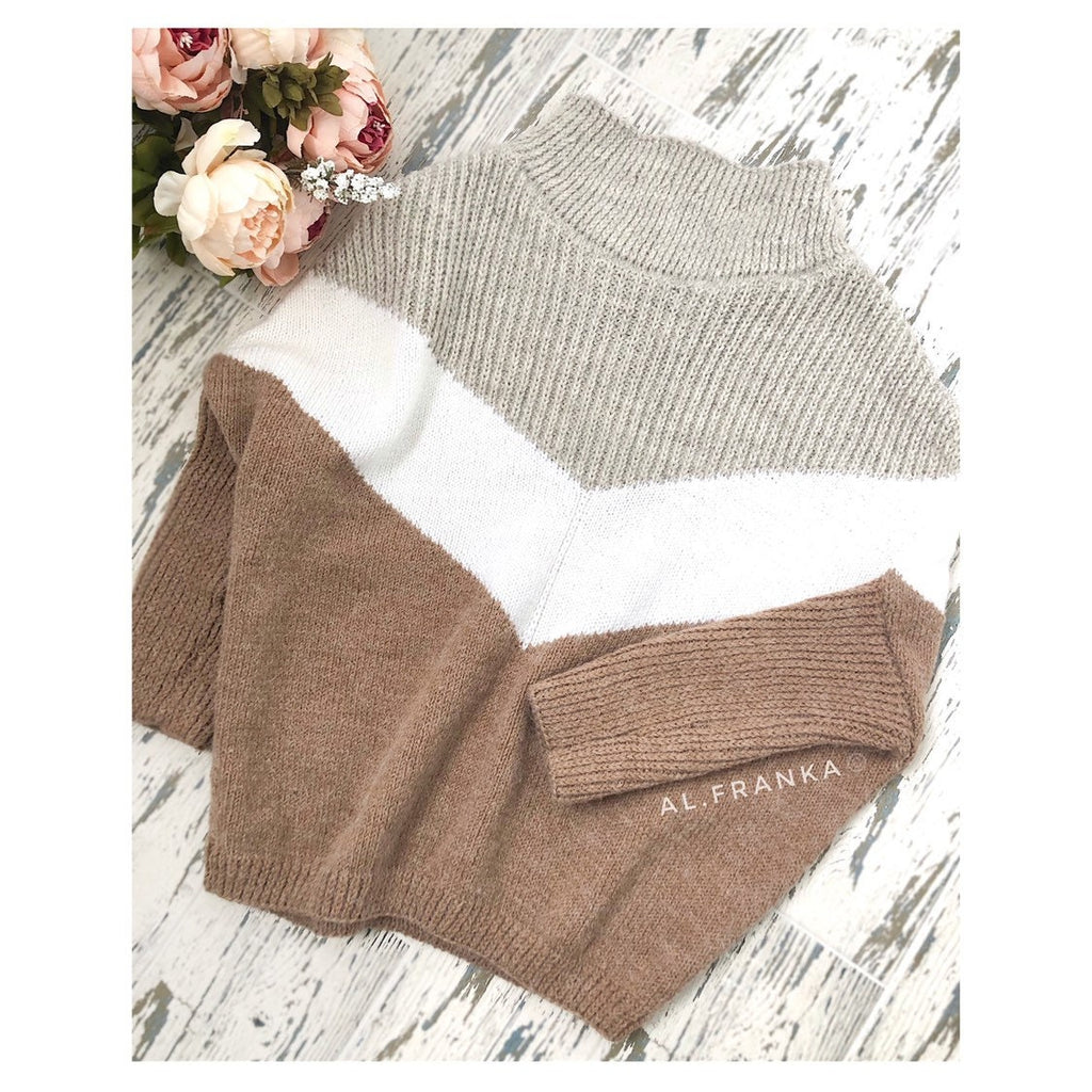 Cable knit alpaca/merino wool knit oversize sweater Hand knitted jumper Grey brown Camel Cream striped sweater Throat stand Full sleeve