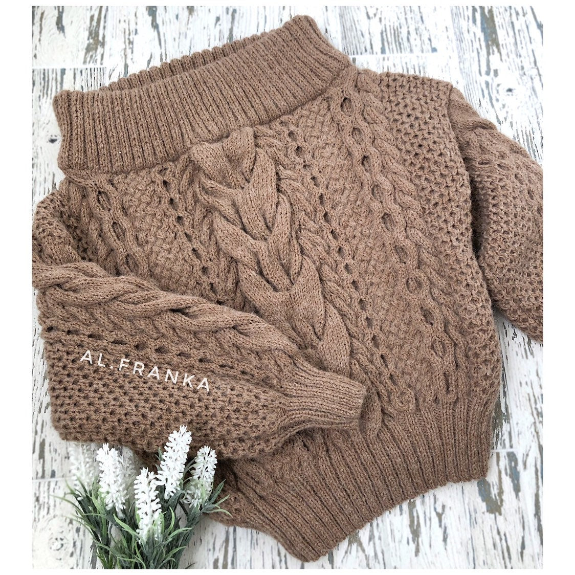 Beige Brown pastel hand knit alpaca merino wool sweater woman Cable knit Loose pastel pullover Oversized chunky knit bulky off shoulder