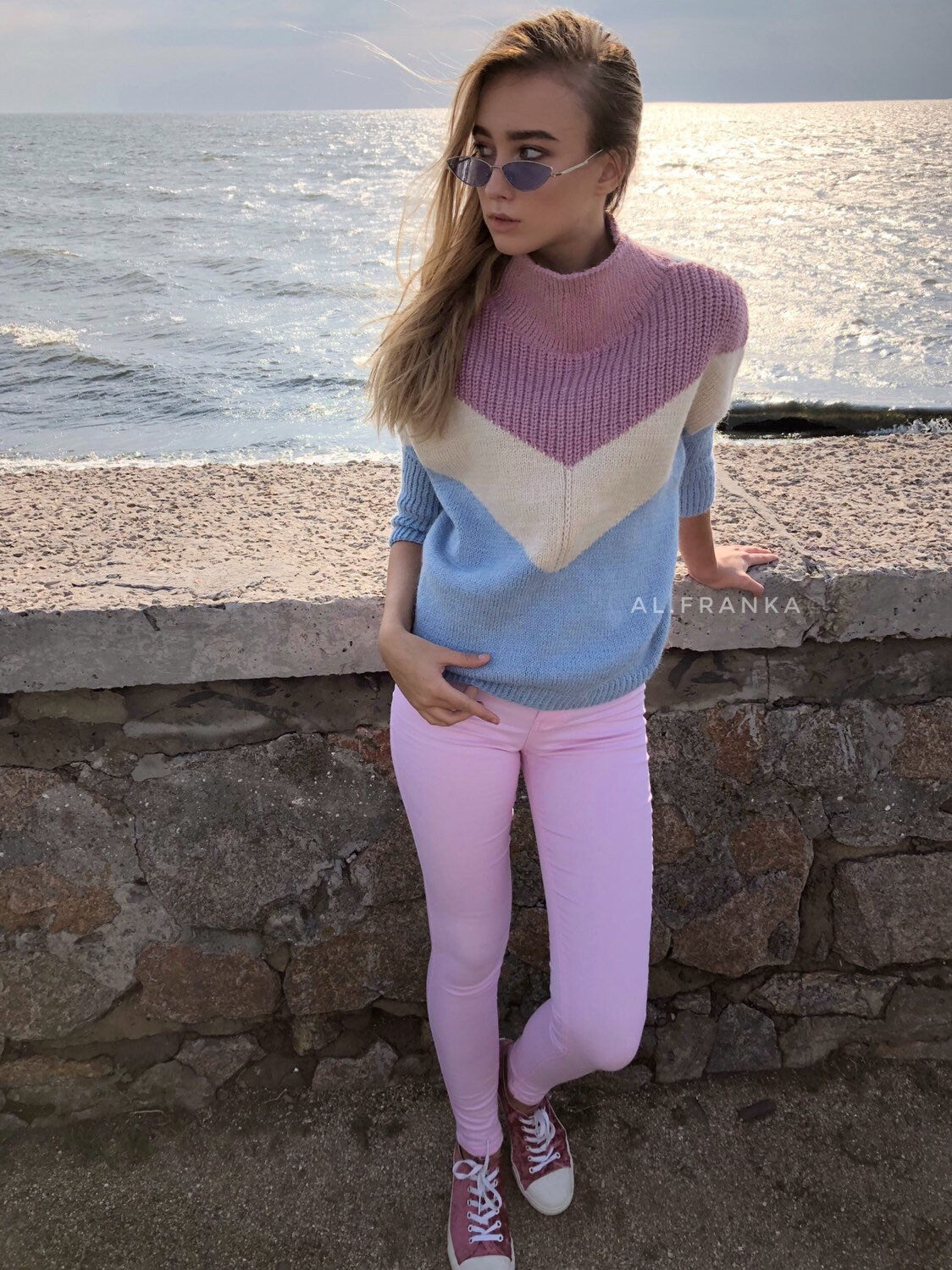Knit alpaca wool fall sweater high neck turtleneck Light pink blue white Cropped sleeve Oversized jumper Large sweater vintage high collar