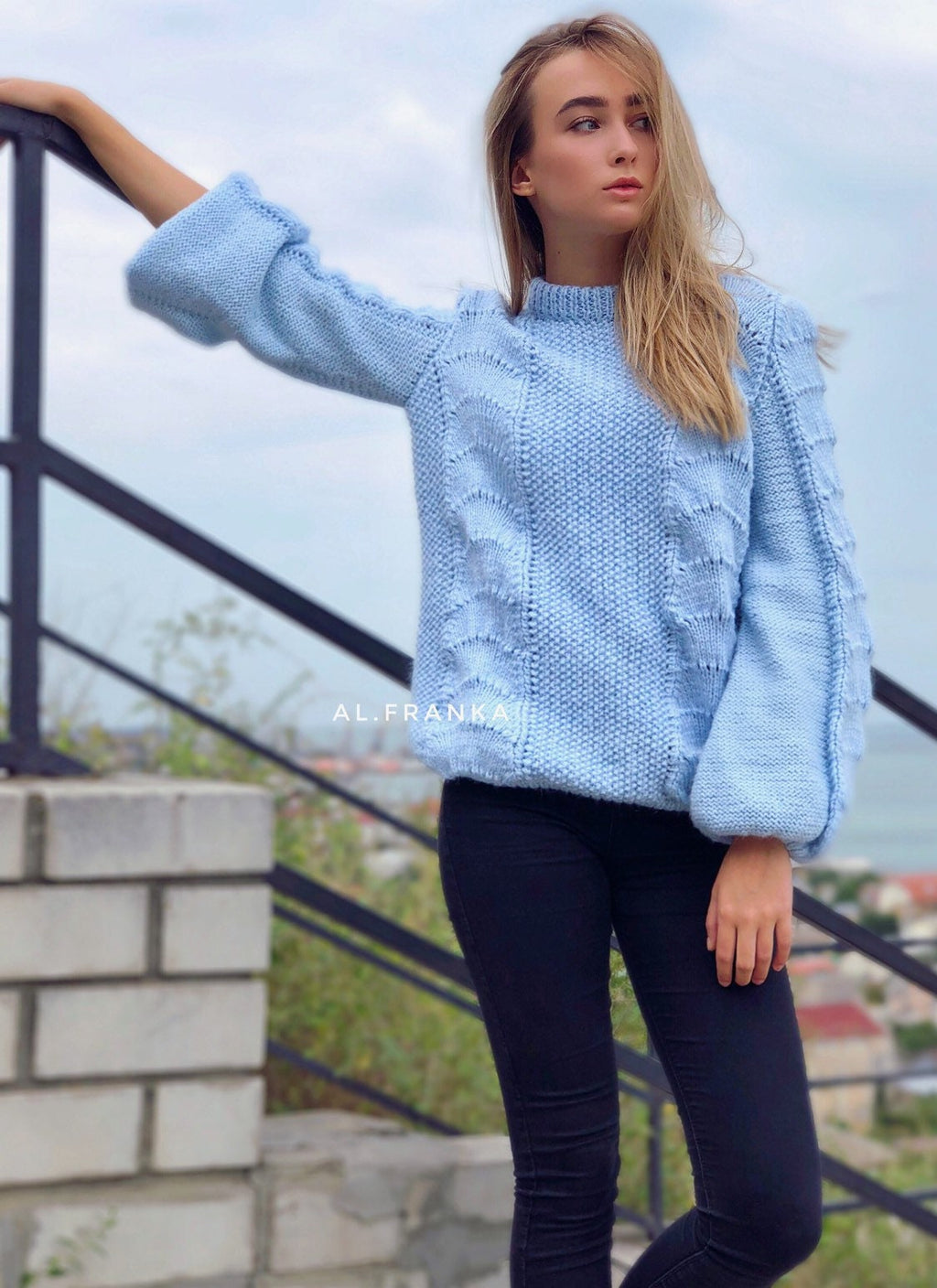 Knitted Winter Womens Mohair Sweater Light Blue Blue Pink Long Sleeve Knitted Pullover Fluffy Puff Sleeve Sweater