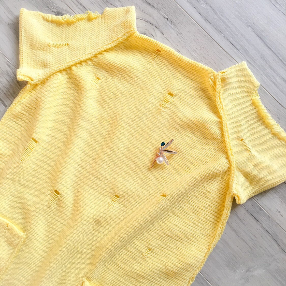 Knit organic cotton mini yellow dress short sleeve Vintage style dress Summer lemon milk dress Beach dress Distressed Sweater dress