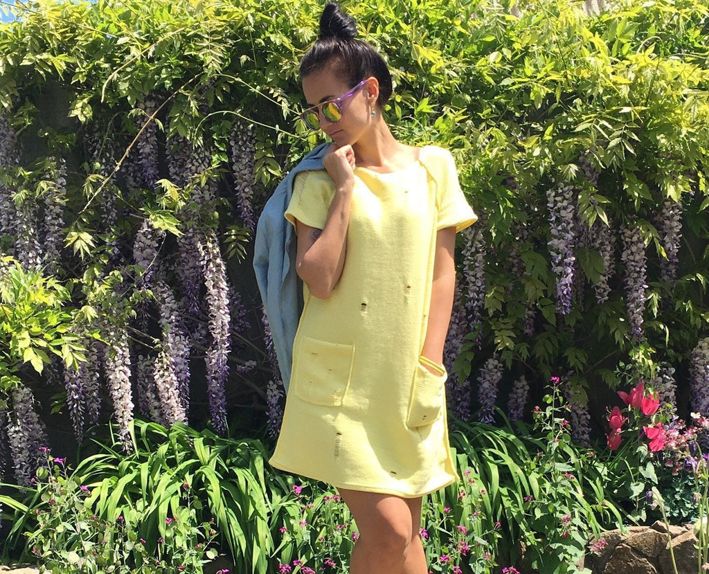 Knit organic cotton mini yellow dress short sleeve Vintage style dress Summer lemon milk dress Beach dress Distressed Sweater dress
