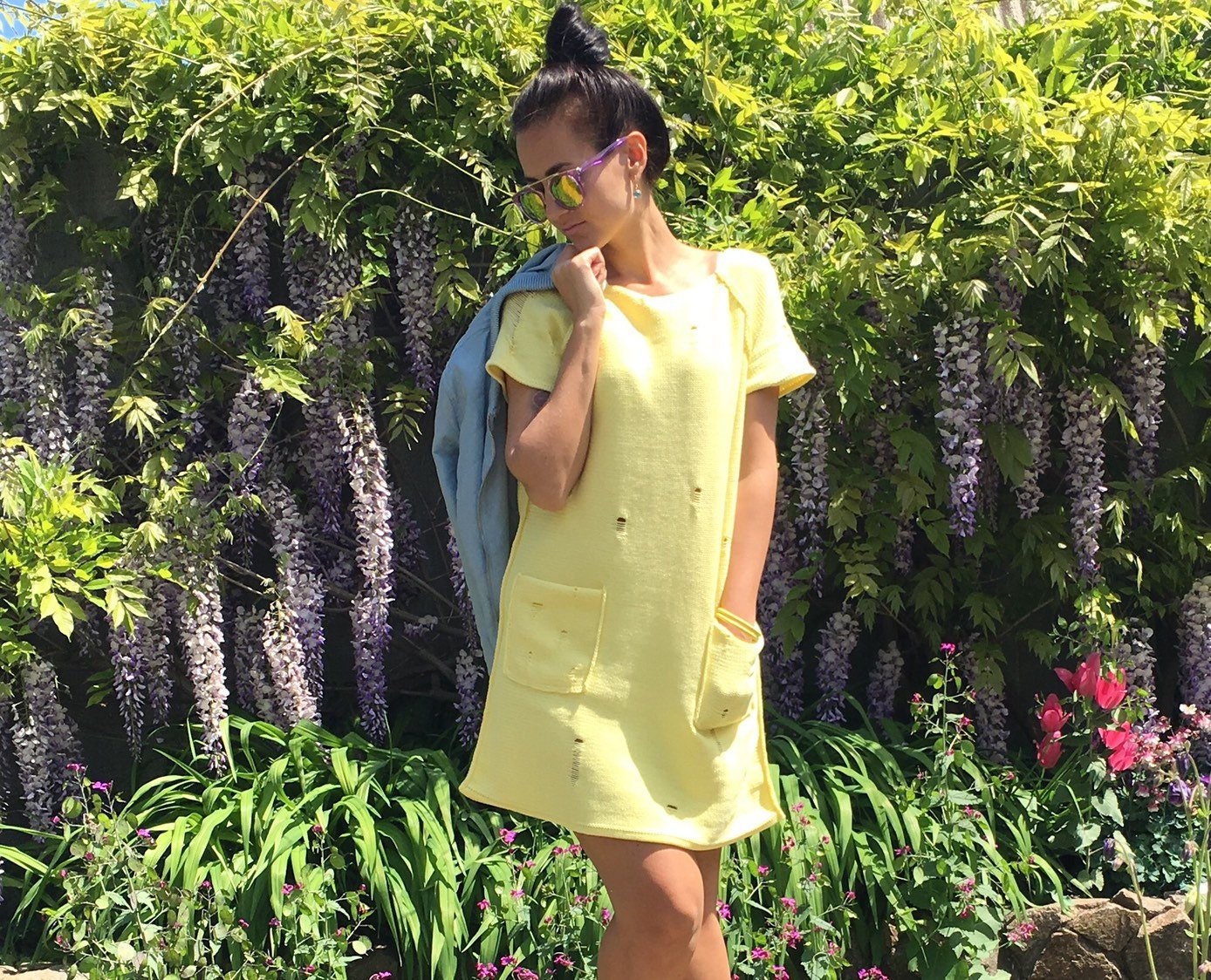 Knit organic cotton mini yellow dress short sleeve Vintage style dress Summer lemon milk dress Beach dress Distressed Sweater dress