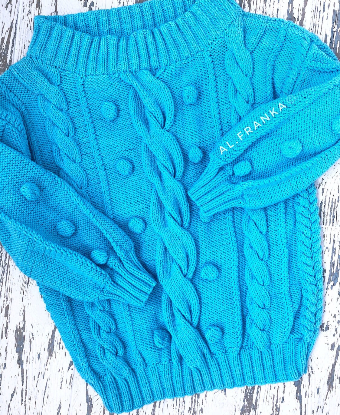 Hand knit cotton sweater Loose knit Oversized sweater Open shoulder Electric Neon Blue sweater Pom pom Eco hypoallergenic pullover