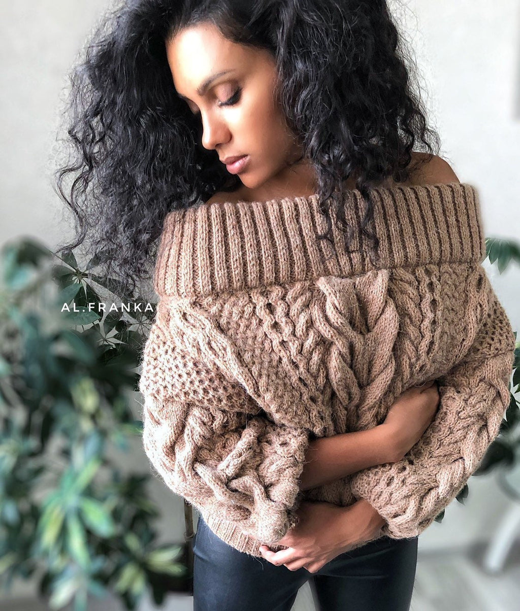 Brown pastel hand knit alpaca merino sweater Open should Cable knit sweater Chunky Oversized sweater Braid sweater chunky knit/gift for her