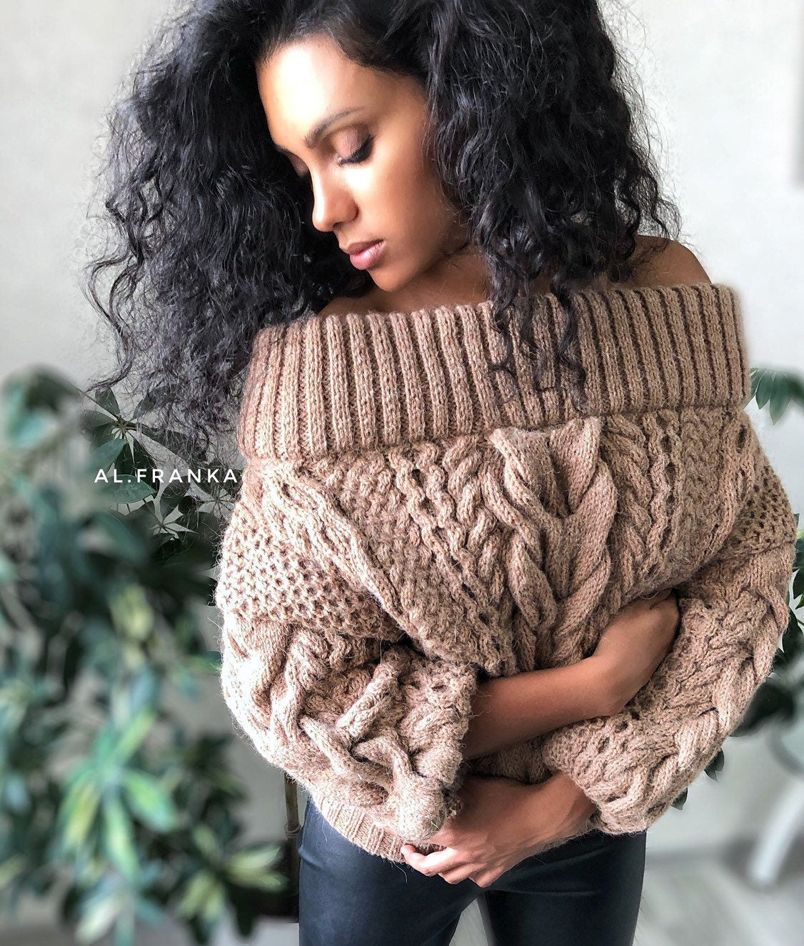 Brown pastel hand knit alpaca merino sweater Open should Cable knit sweater Chunky Oversized sweater Braid sweater chunky knit/gift for her