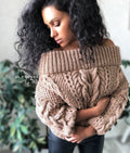 Beige Brown pastel hand knit alpaca merino wool sweater woman Cable knit Loose pastel pullover Oversized chunky knit bulky off shoulder
