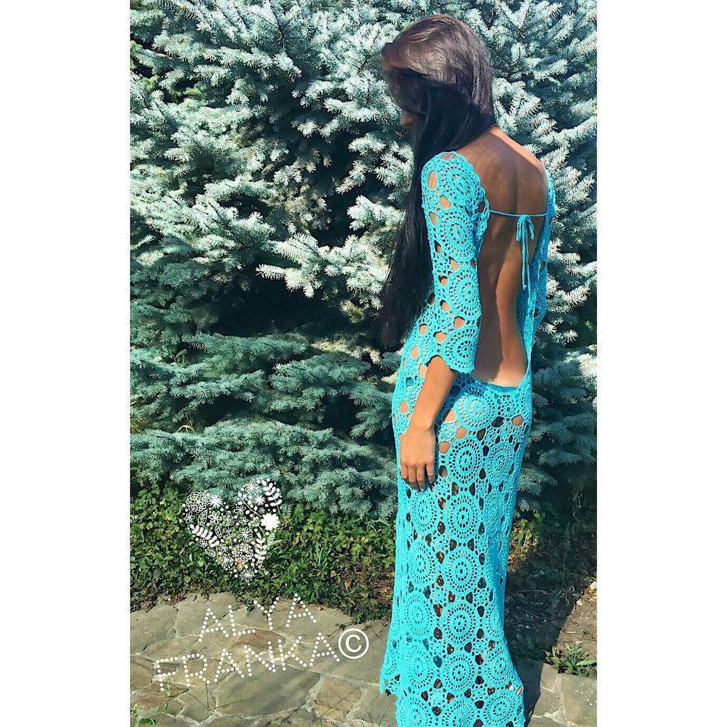 Long crocheted dress cover ups/Turquoise beach dress/Knit Backless Bikini Cover Ups Beachwear/wedding beach dress/ dress for beach wedding