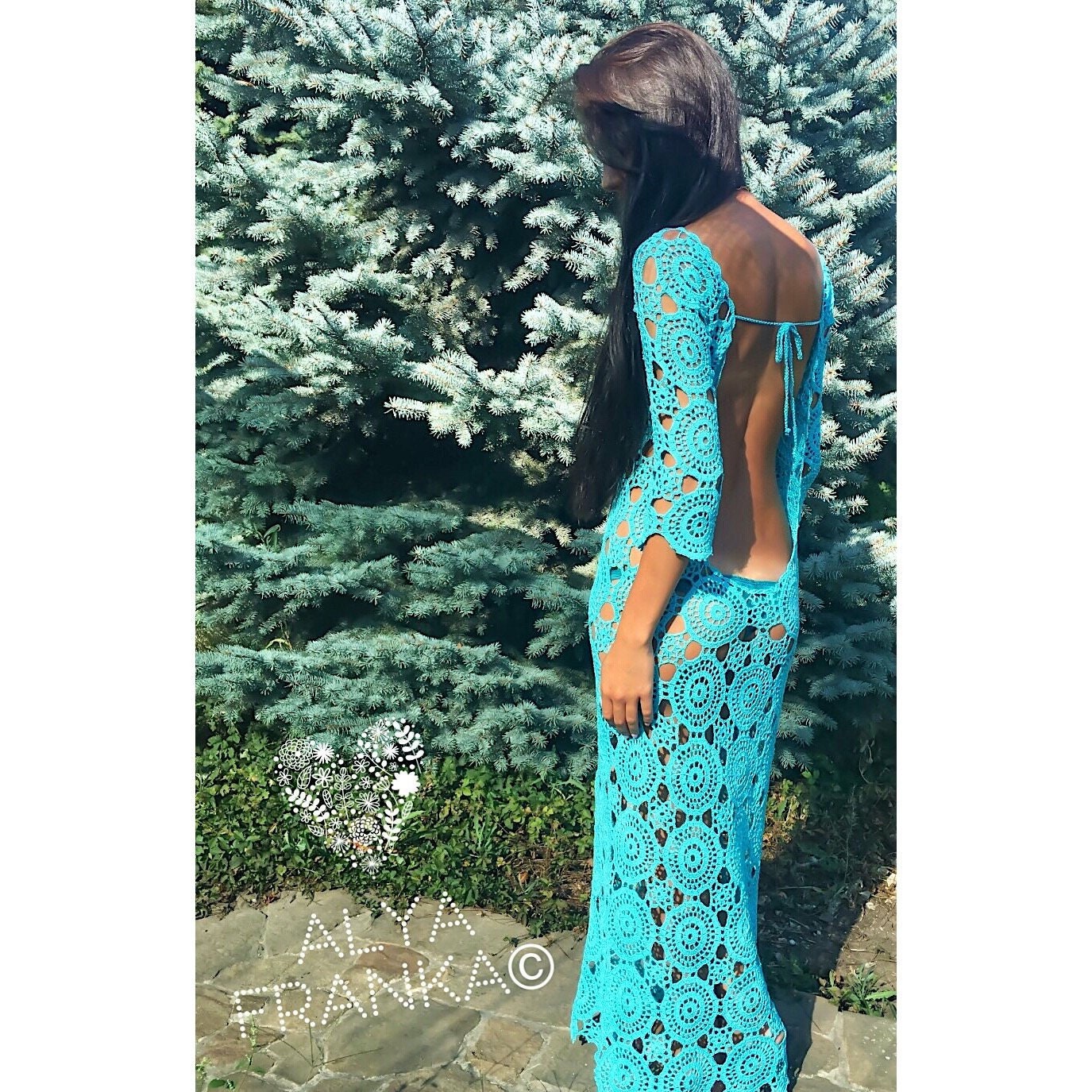 Long crocheted dress cover ups/Turquoise beach dress/Knit Backless Bikini Cover Ups Beachwear/wedding beach dress/ dress for beach wedding