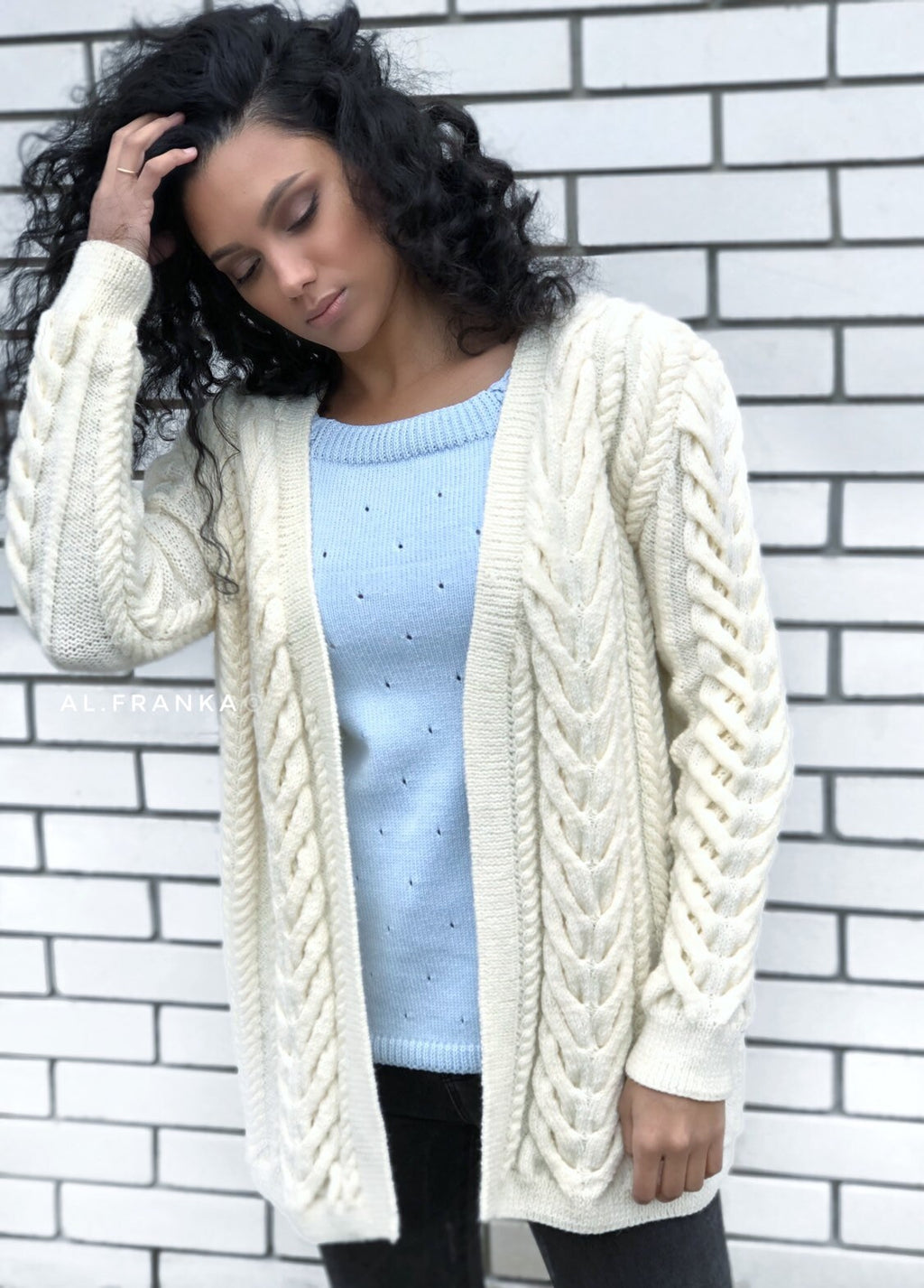 Maxi hand knit white pastel black wool сardigan for women Chunky knit midi cardigan Cream wool cable knit cardigan Short braided cardigan