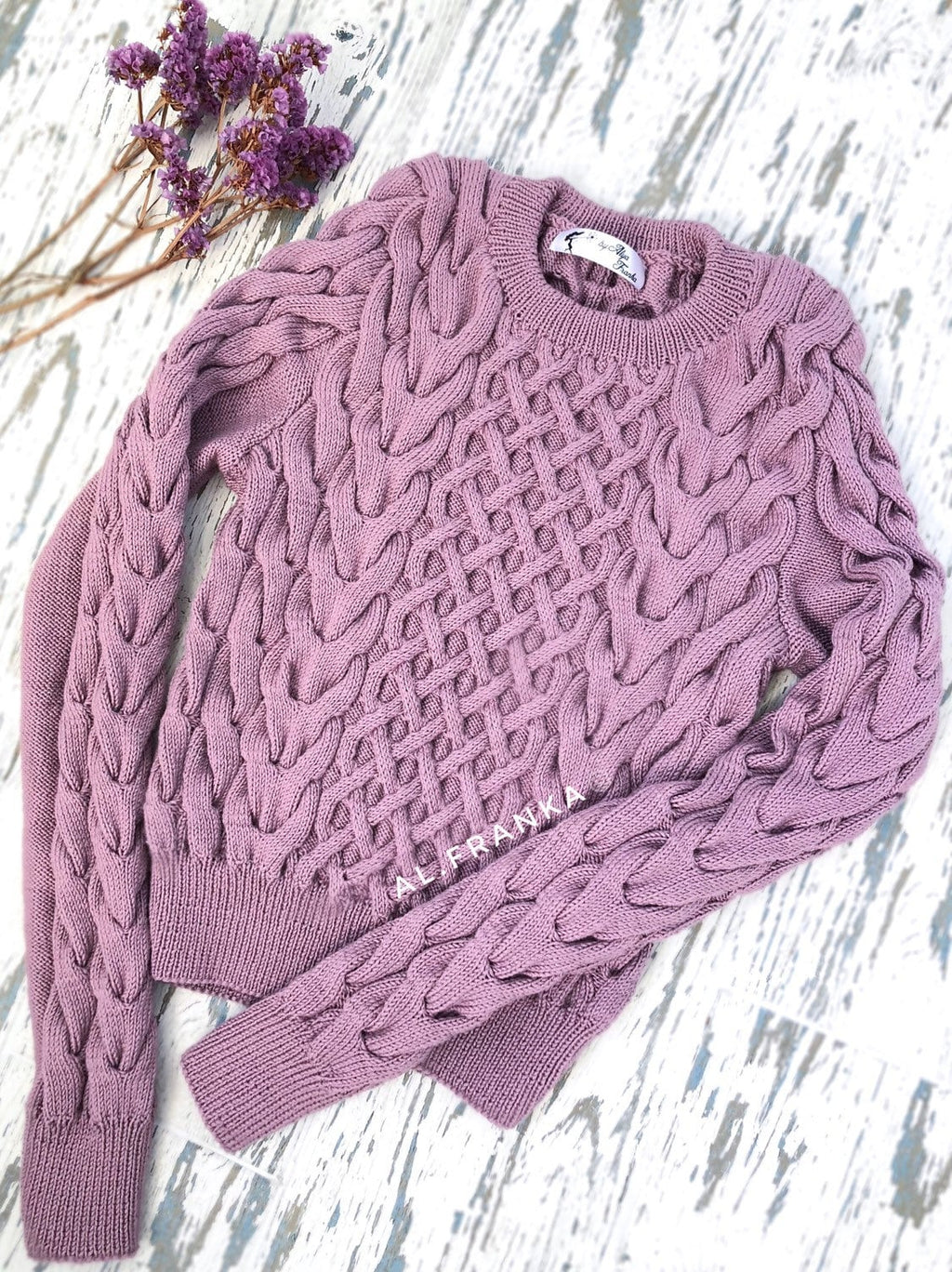 Lilac softy hand knitted crop organic cotton sweater Purple pullover women Cable Knit Sweater Sweater for sensitive skin Gift for Her