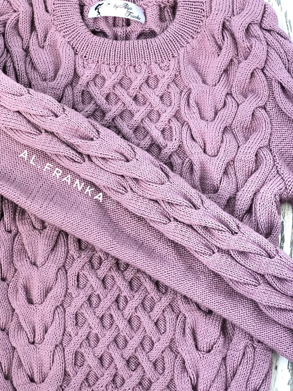 Lilac softy hand knitted crop organic cotton sweater Purple pullover women Cable Knit Sweater Sweater for sensitive skin Gift for Her