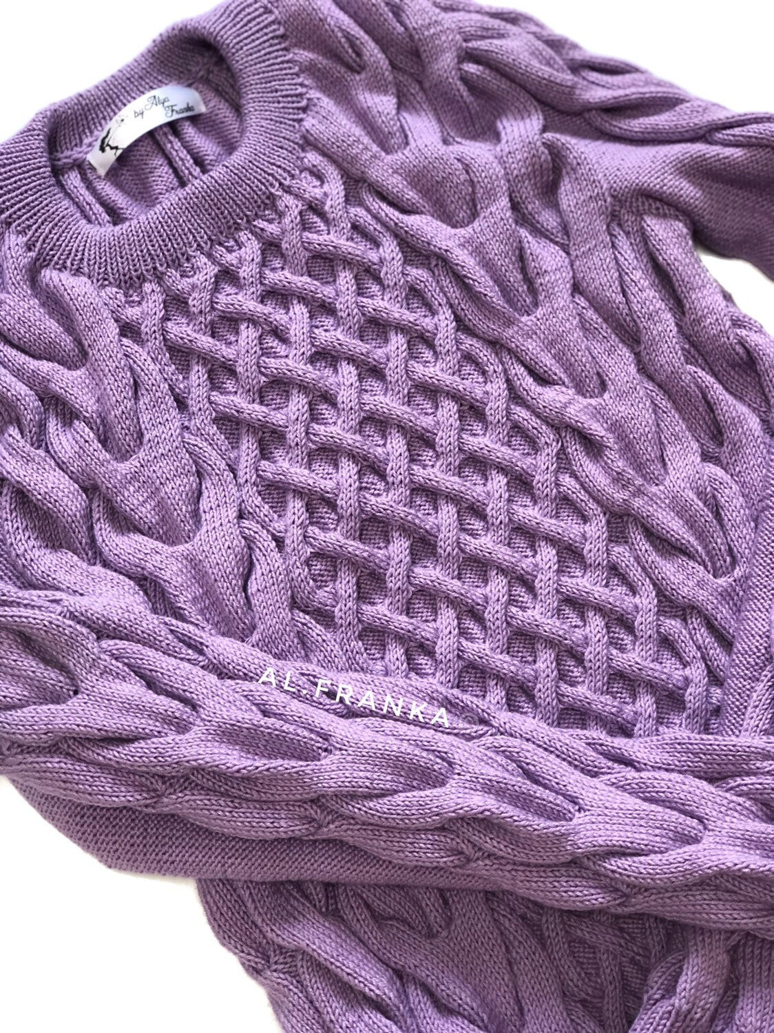 Lilac softy hand knitted crop organic cotton sweater Purple pullover women Cable Knit Sweater Sweater for sensitive skin Gift for Her