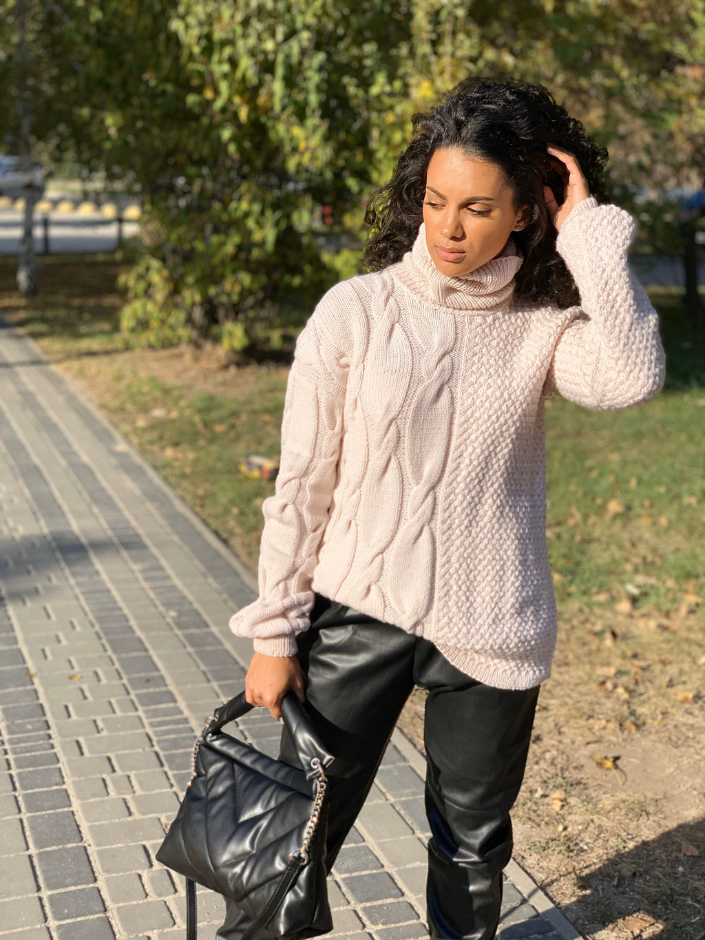 Knit merino wool cream beige sweater turtleneck women’s High collar sweater dress Oversized turtleneck sweater under 80 Autumn shirt