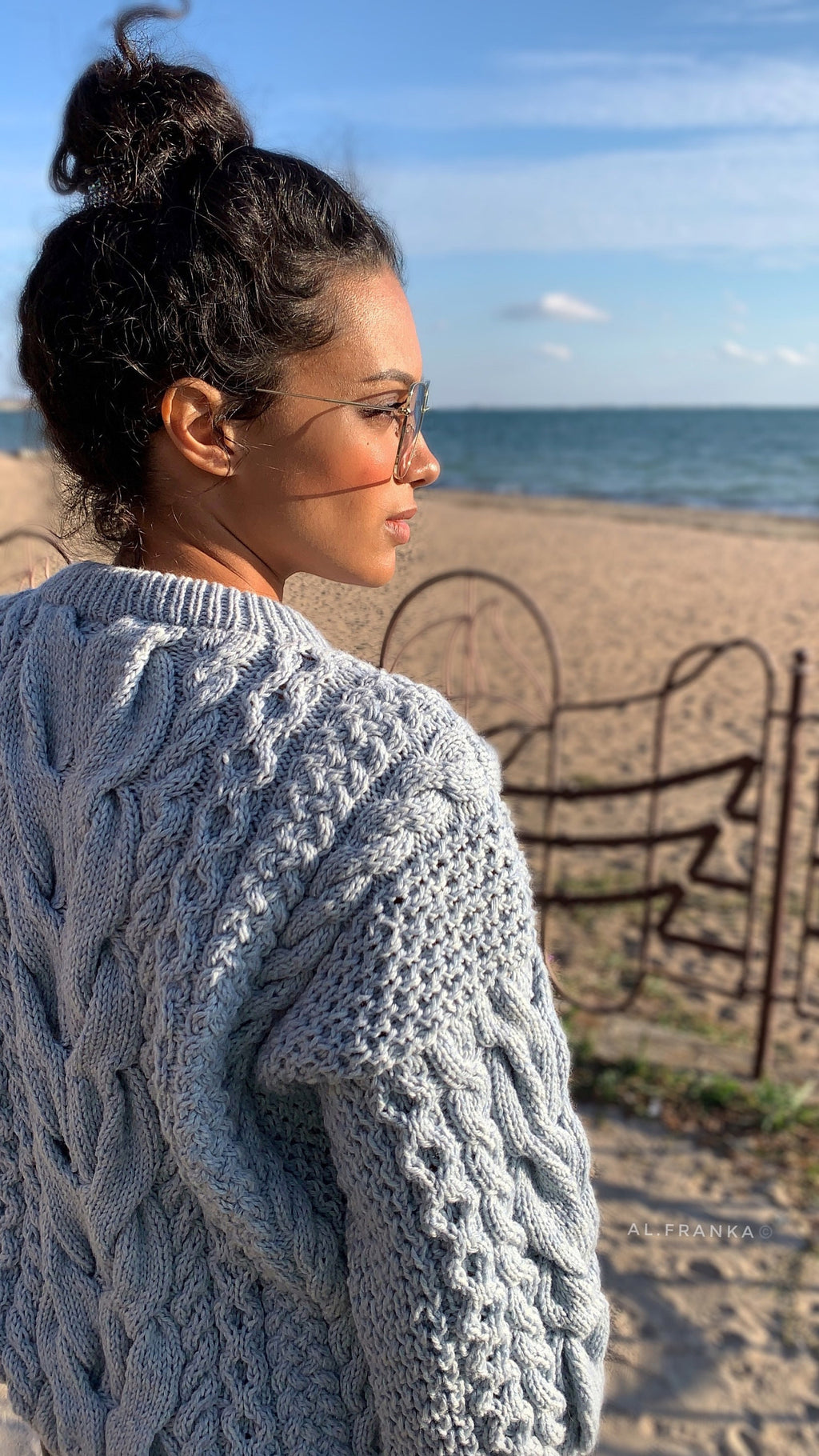 Blue knit wool sweater women Hand knit jumper Half sleeve Cable knitting Loose knit Oversized Chunky knit light blue knitted pullover