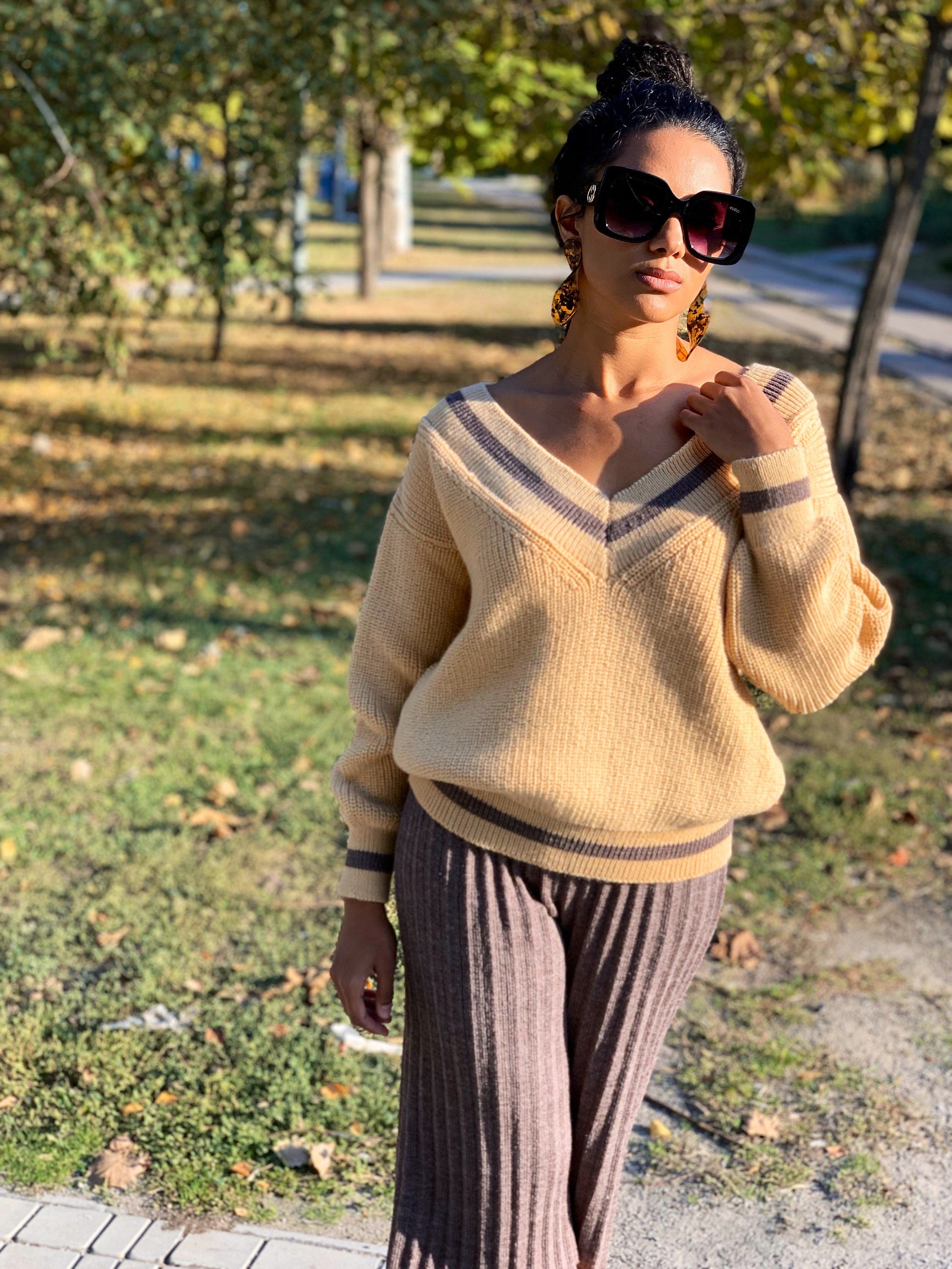 Knitted beige set sweater pants/Pleated Pants/Cream Cable/Knit Set Suit/Two Piece/knit Sweater/Culottes/pleated/beige set/wide pants