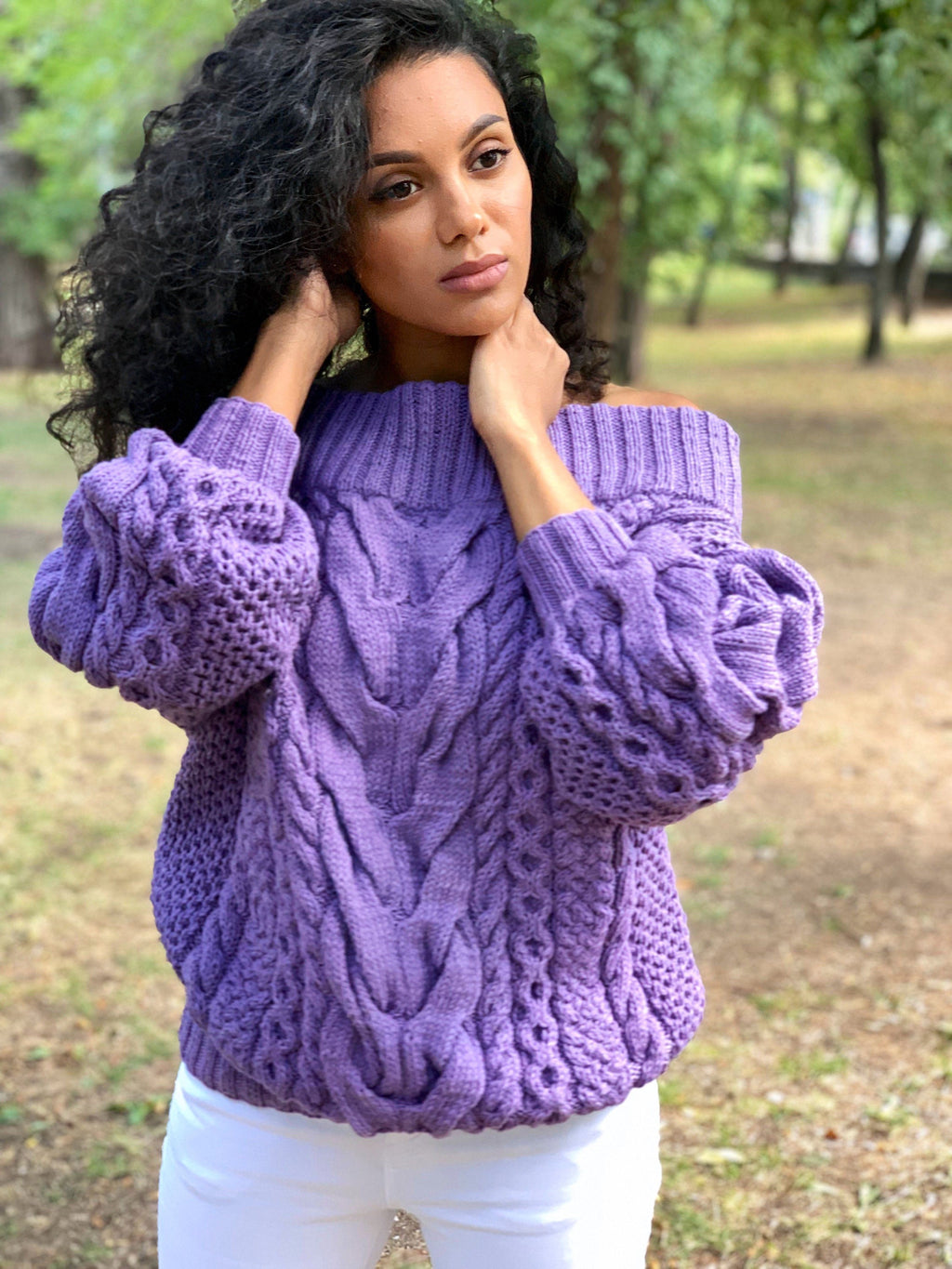 Violet wool cotton Knit Sweater Lavender knitted pullover Purple Oversized sweater Cable knit sweater Crochet chunky sweater Loose knit
