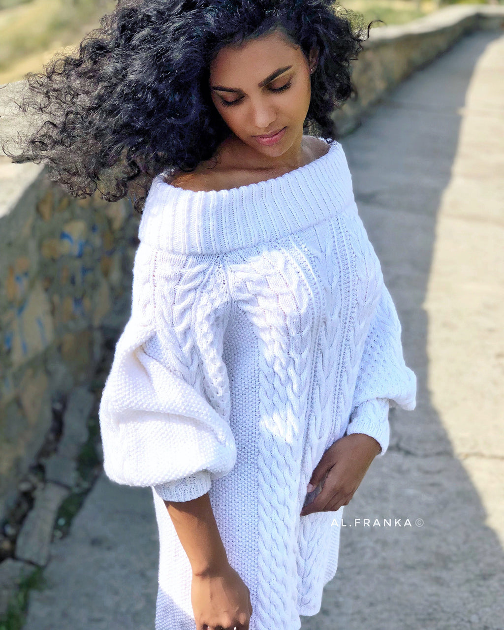 White off shoulder hand knit sweater dress/bohemian sweater dress/off shoulder white dress/white knit tunic/braid chunky sweater
