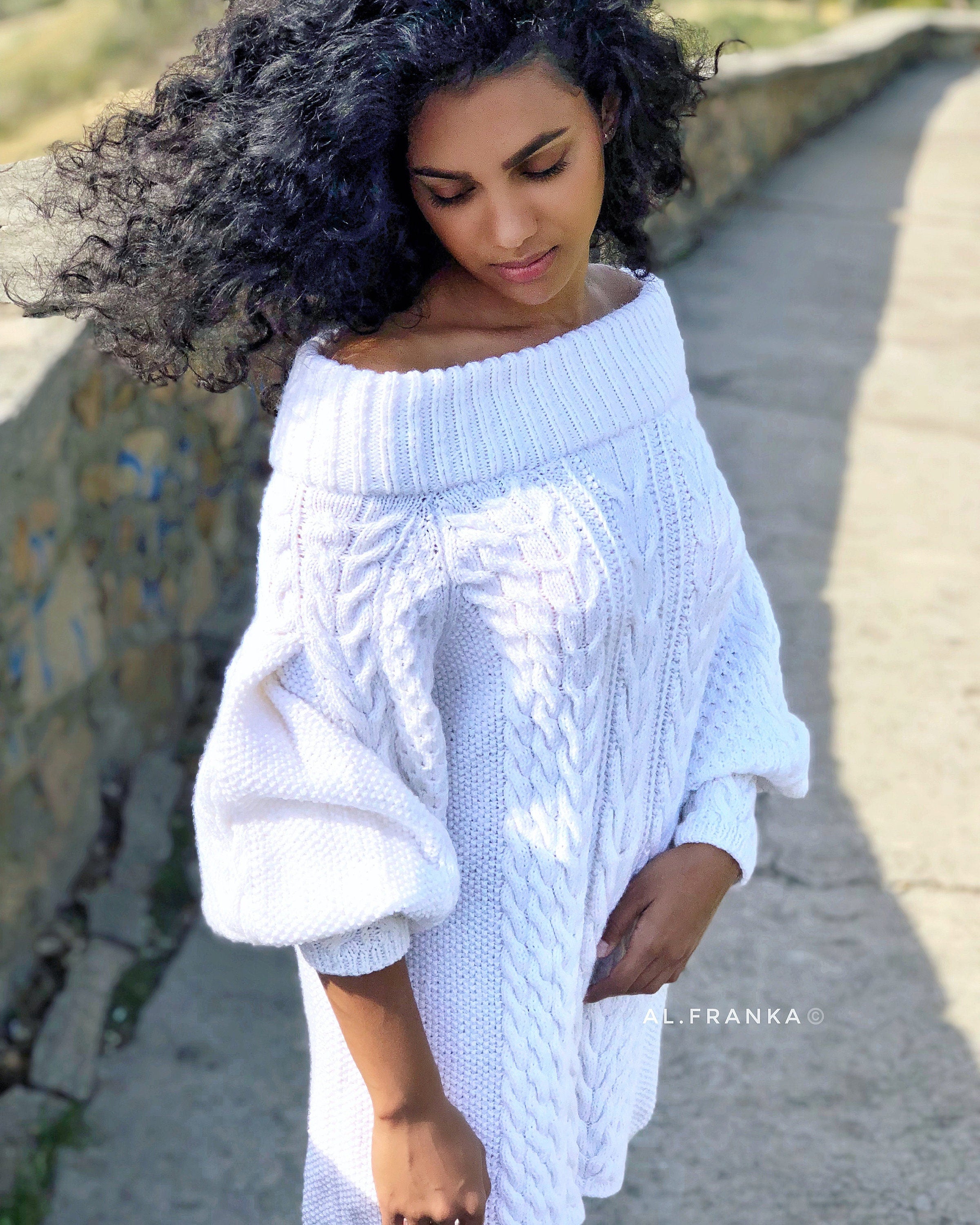 White off shoulder hand knit sweater dress/bohemian sweater dress/off shoulder white dress/white knit tunic/braid chunky sweater