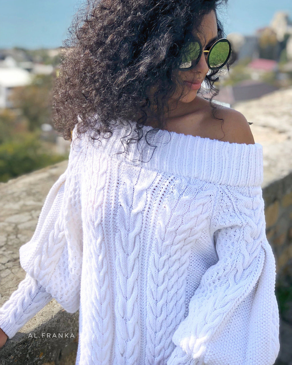 White off shoulder hand knit sweater dress/bohemian sweater dress/off shoulder white dress/white knit tunic/braid chunky sweater